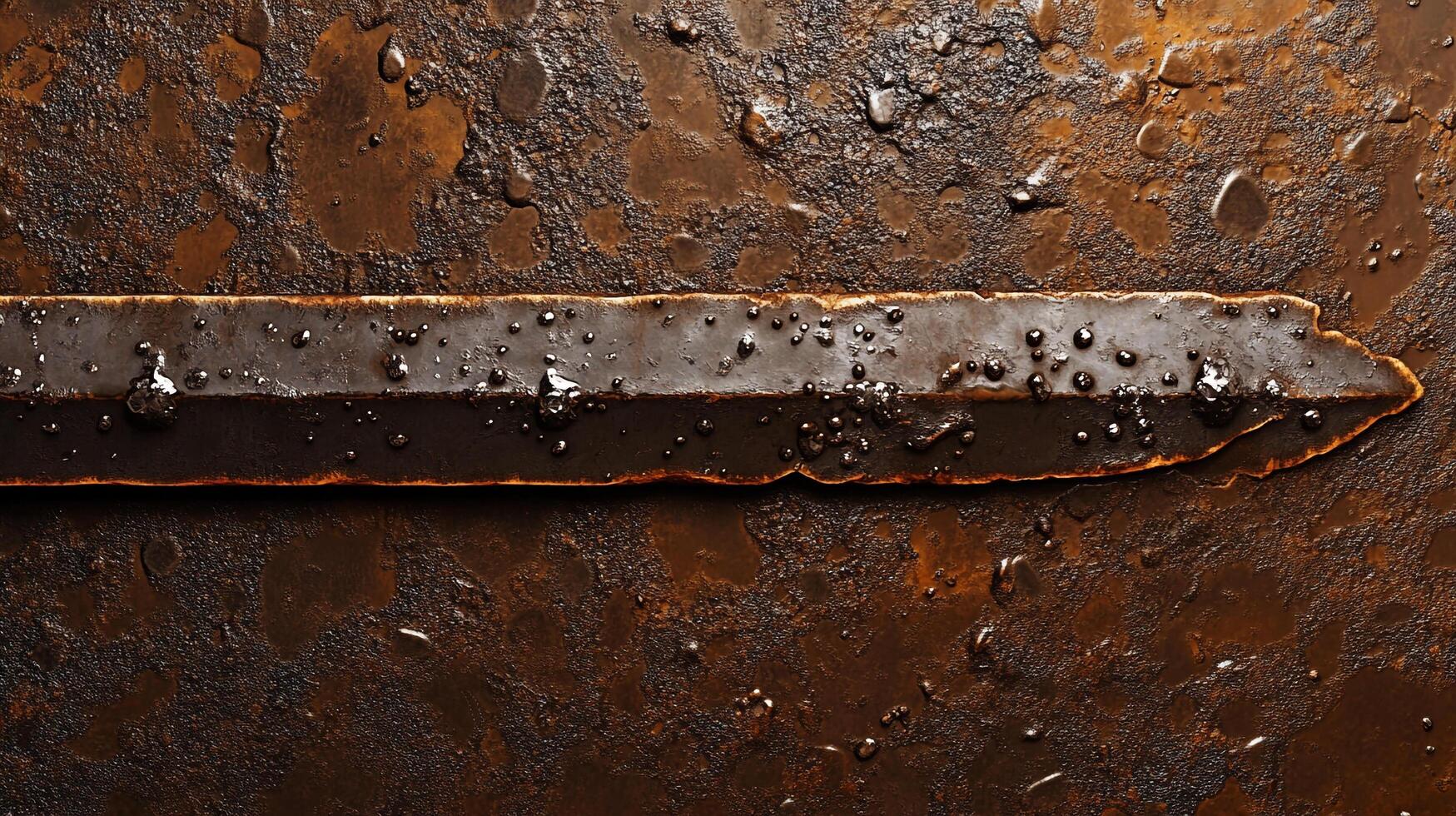 Textured metallic background featuring a horizontal band with glossy droplets and a rust-colored patina, adding depth and visual interest. photo