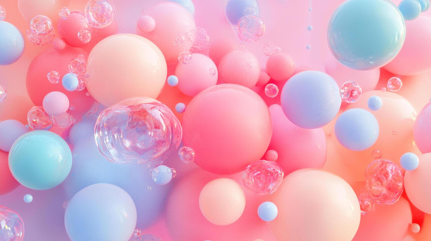 A playful arrangement of pink, peach, and blue spheres and clear bubbles creates a joyful and whimsical abstract composition. photo