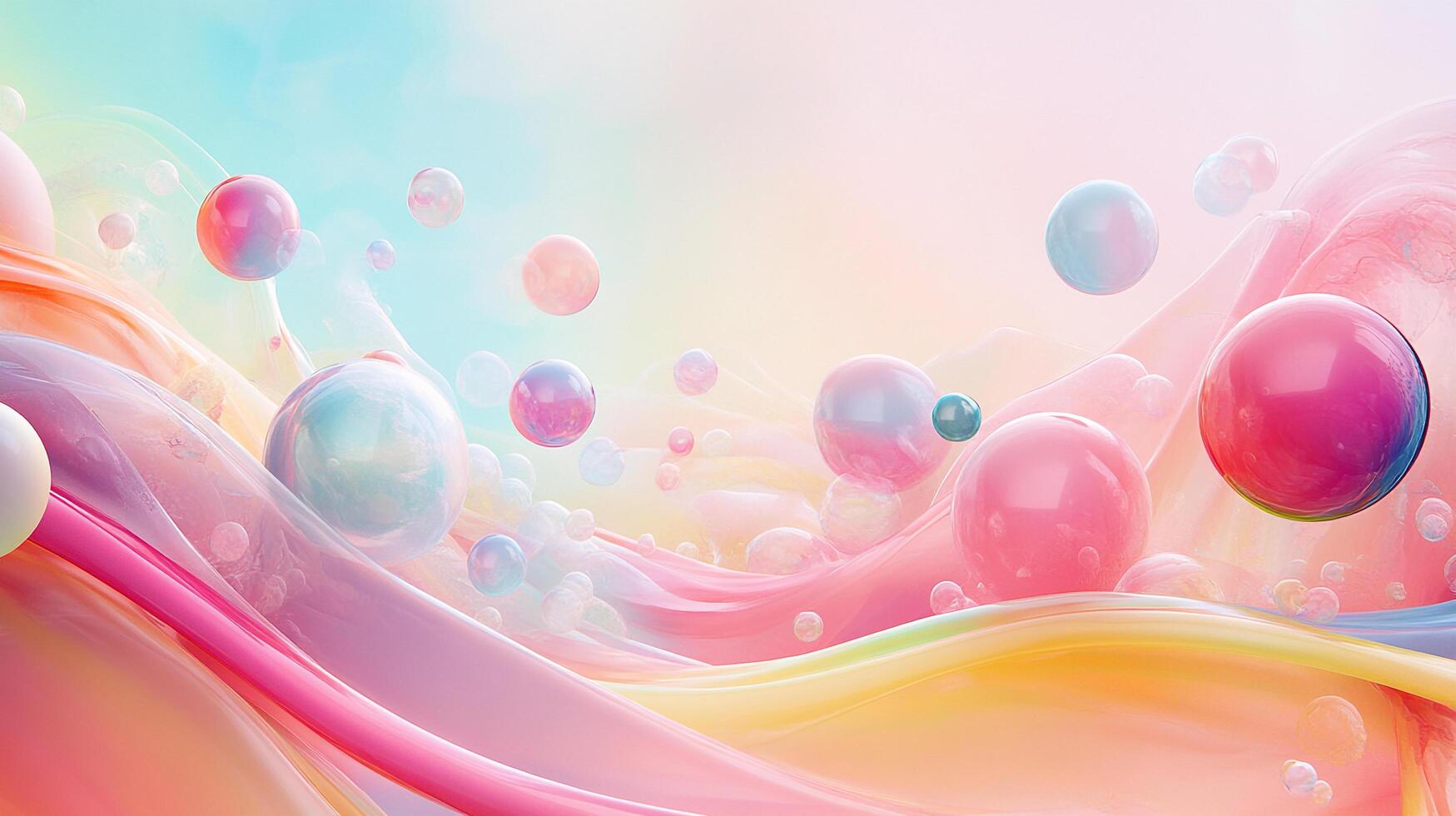 Pastel waves and floating spheres create a dreamy, abstract scape. Soft colors evoke tranquility and whimsy, perfect for modern designs. photo