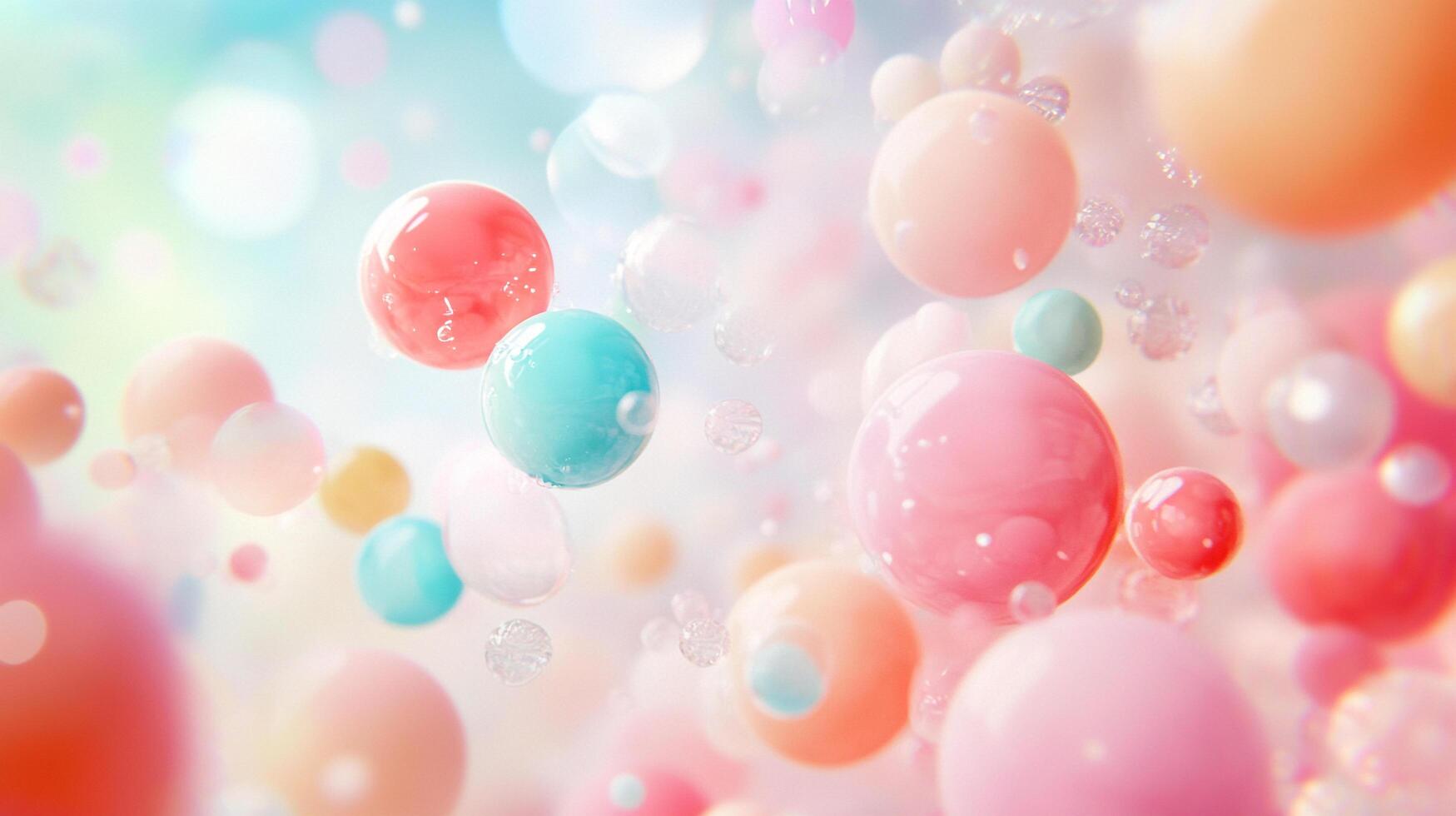 Dreamy pastel spheres float amidst shimmering glitter, creating a whimsical and ethereal visual experience filled with light and color. photo