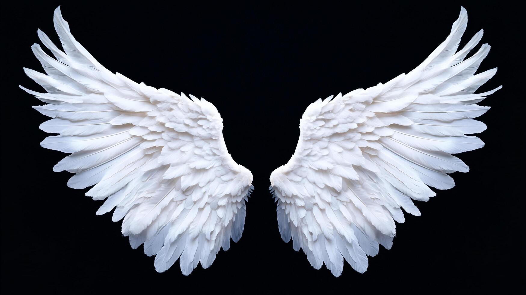 Elegant white feathered wings, spread wide against a stark black backdrop, symbolizing freedom, purity, and ethereal beauty. photo