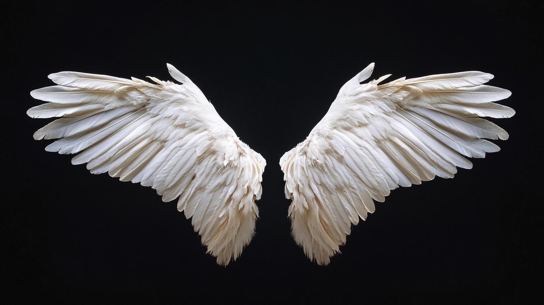 Symmetrical angelic wings spread out in the darkness. Ethereal feathers create a sense of beauty and freedom against black. photo