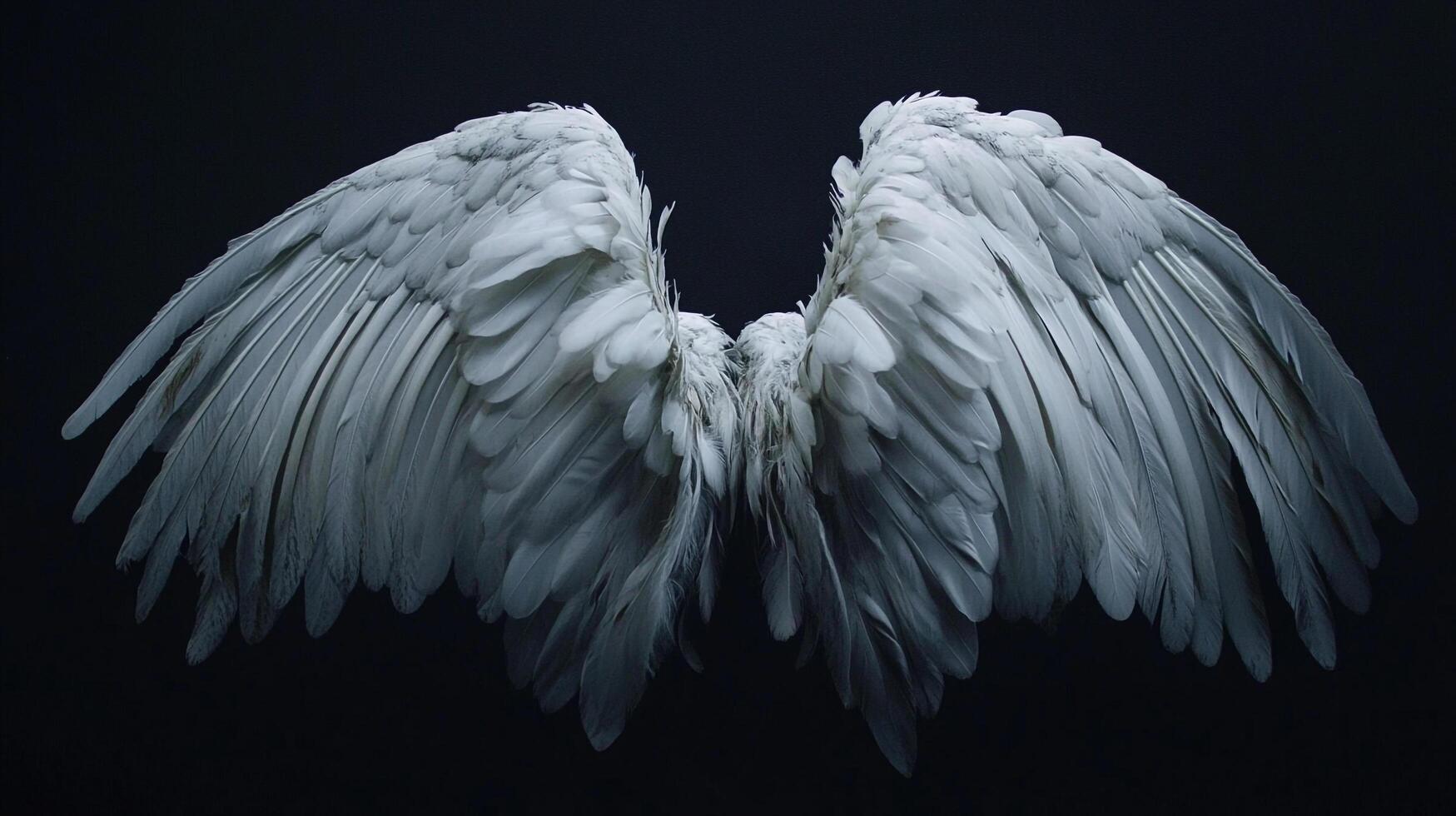 Elegant feathered wings spread against a dark backdrop, conveying themes of freedom, spirituality, and lightness. photo