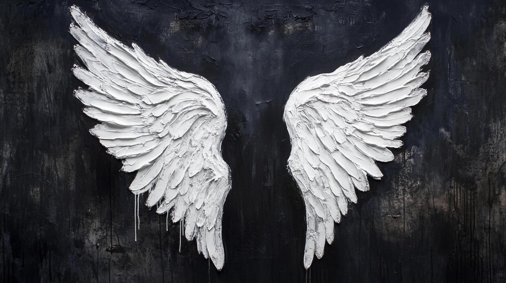 A pair of textured white wings painted against a dark, moody background. The wings feature detailed feather-like strokes. photo