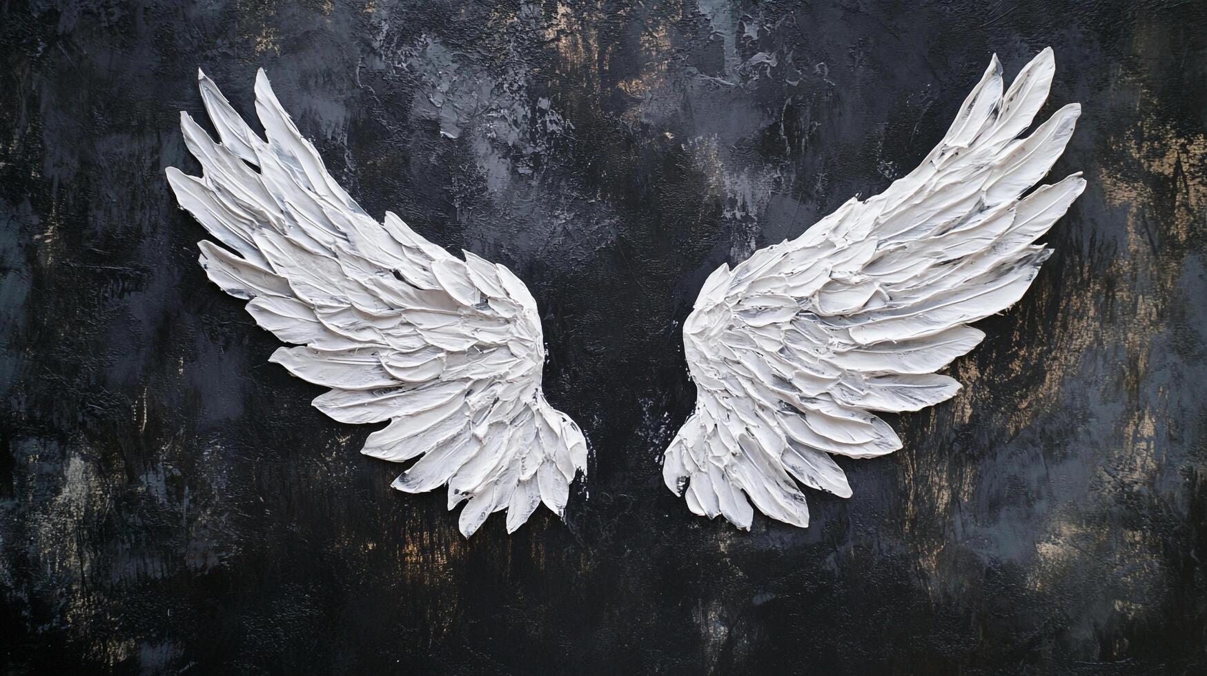 Textured white wings painted against a black background. Impressionistic style gives depth and motion. Light and dark contrast is striking. photo