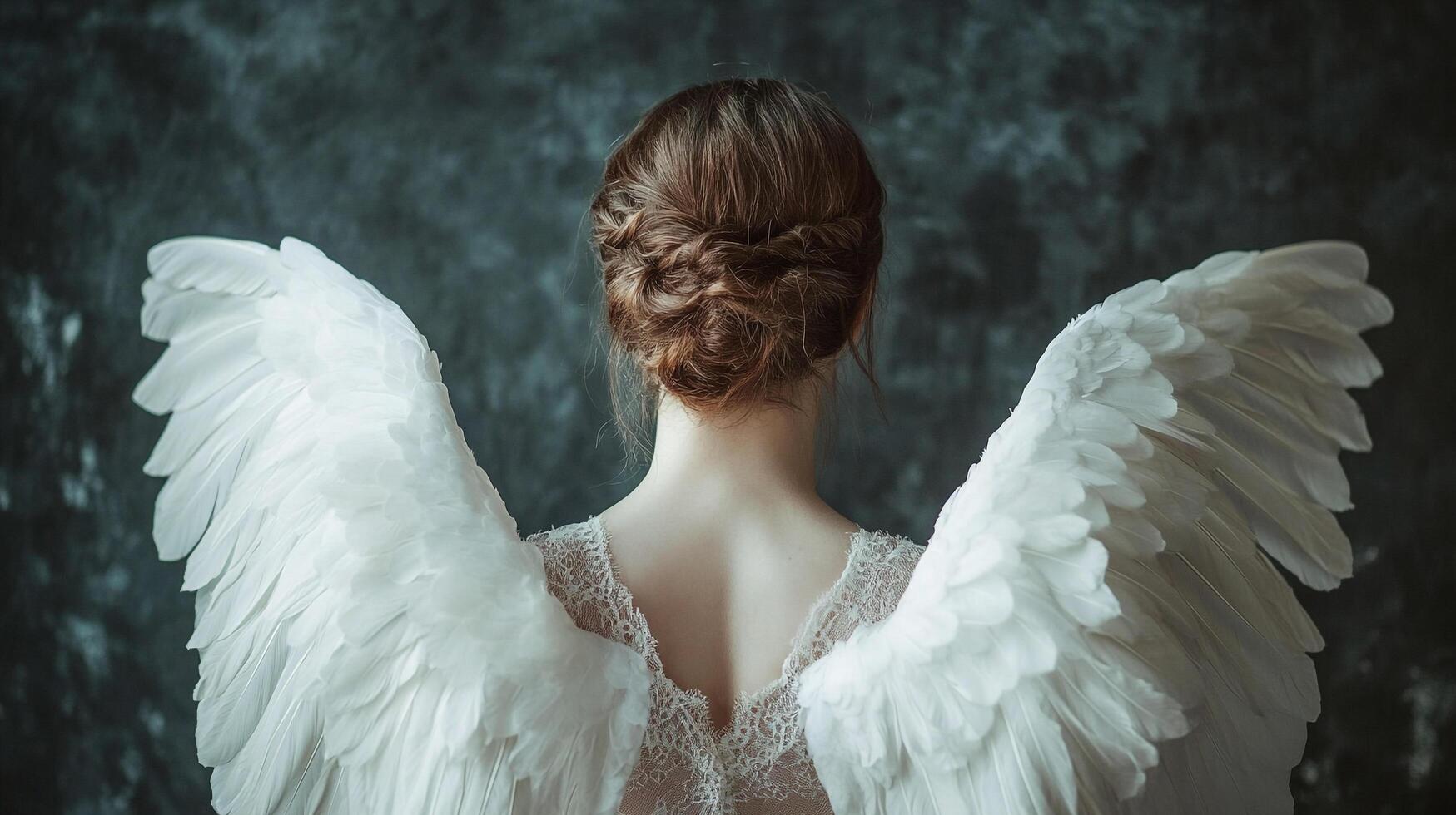 Back view of a woman with angel wings, her hair neatly styled against a mottled background. Purity and ethereal beauty are portrayed. photo