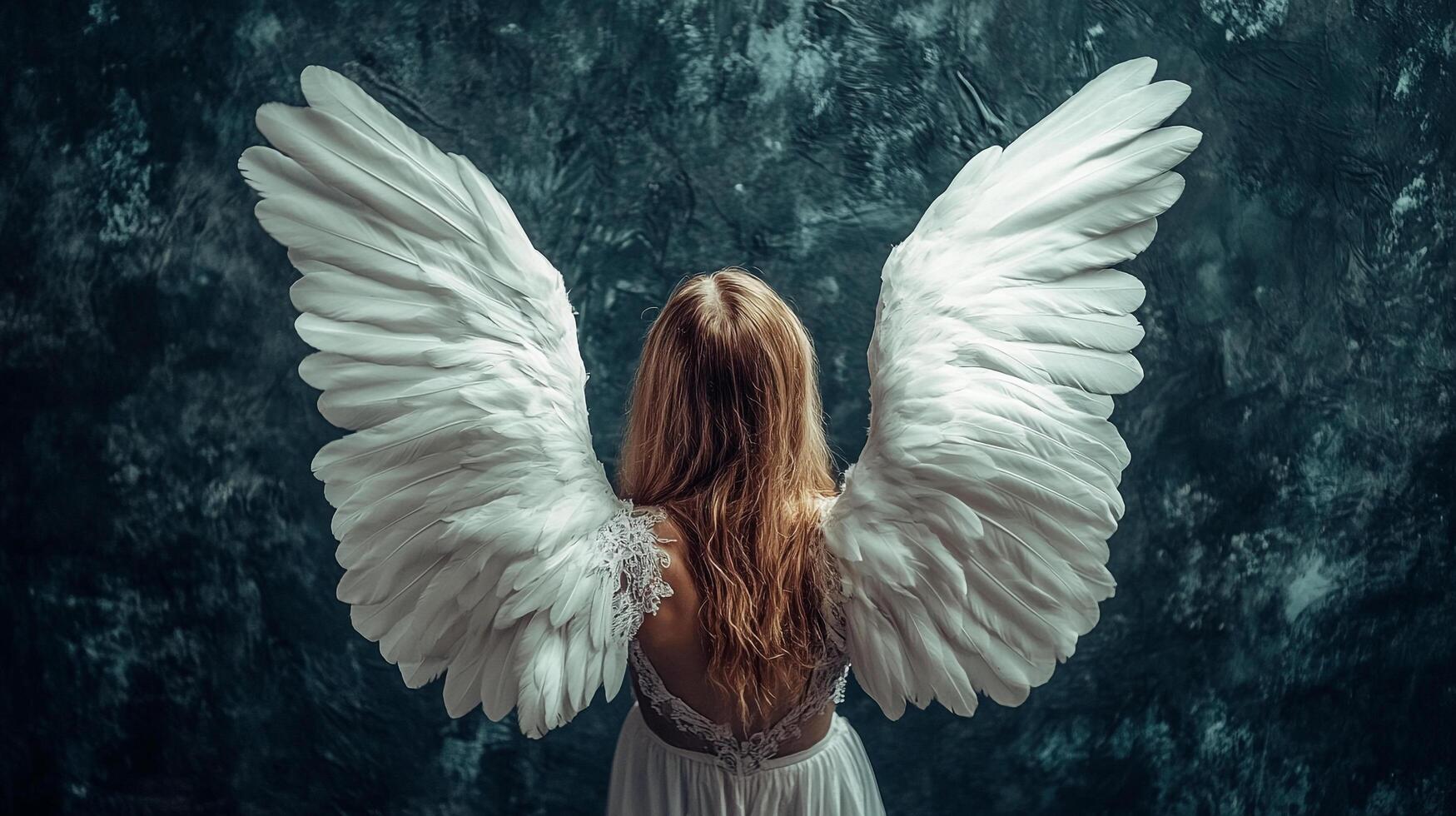 Back view of angelic figure with white wings against dark, textured backdrop. Serene and ethereal, inspiring hope and wonder. photo