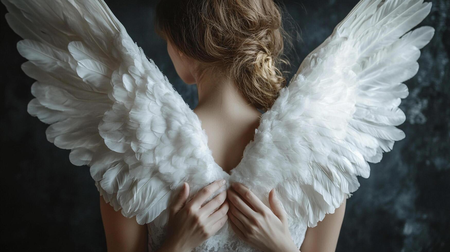 Angel wings adorn a woman in a mystical scene. The back view enhances mystery and wonder. Symbolism of innocence and purity portrayed. photo