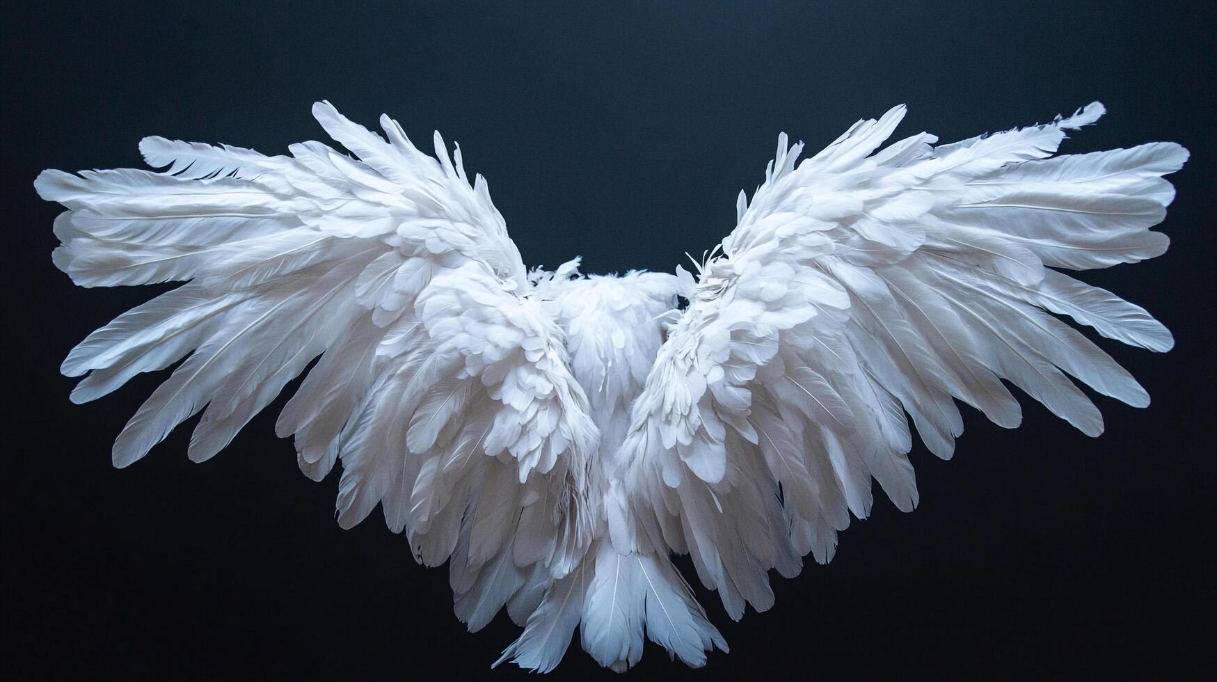 Angel wings unfurl, feathers shimmering in soft light, evoke ethereal beauty and evoke lightness. It evokes divinity with feathers. photo