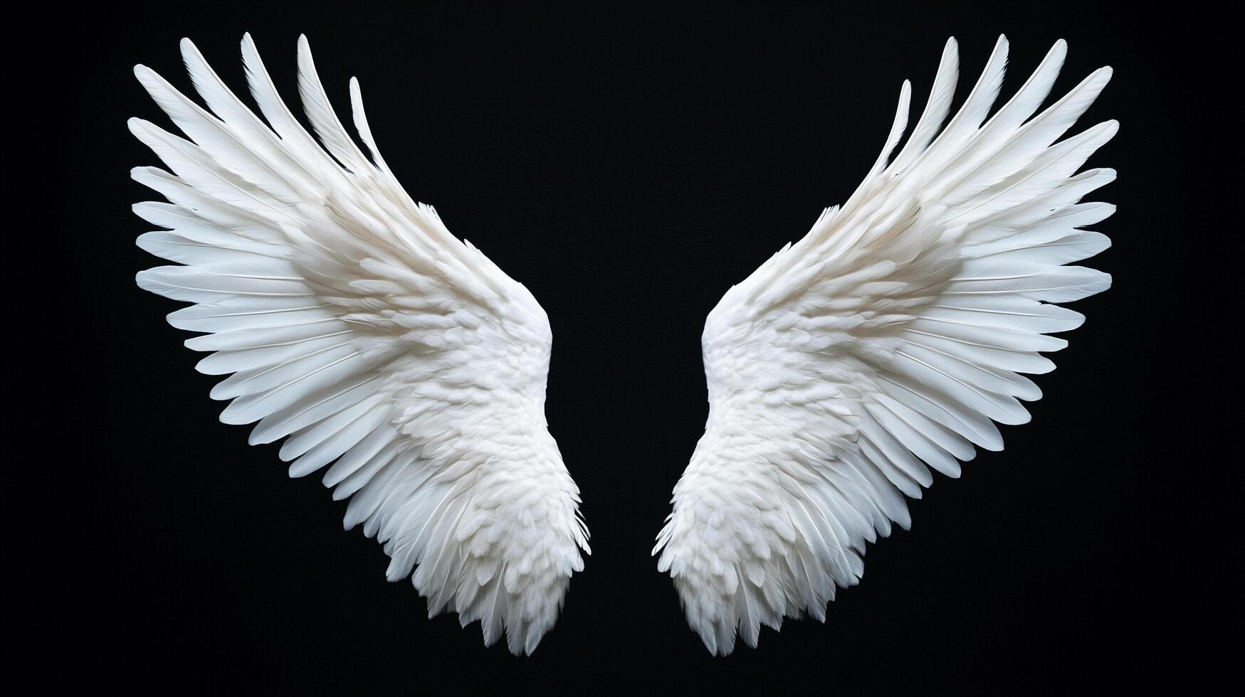 Ethereal white wings of freedom spread against a dark abyss, capturing light and grace with their intricate feather details. photo