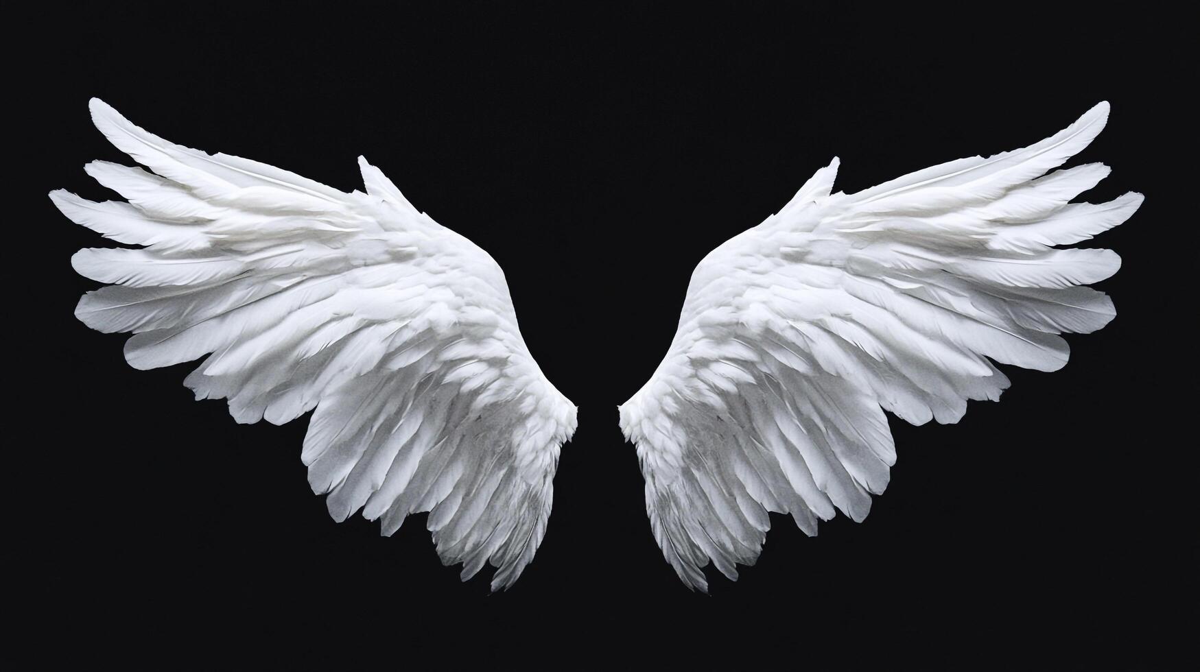 Dramatic feathered wings unfurl, the pristine white feathers contrasting with the stark black background. A symbol of hope and freedom. photo