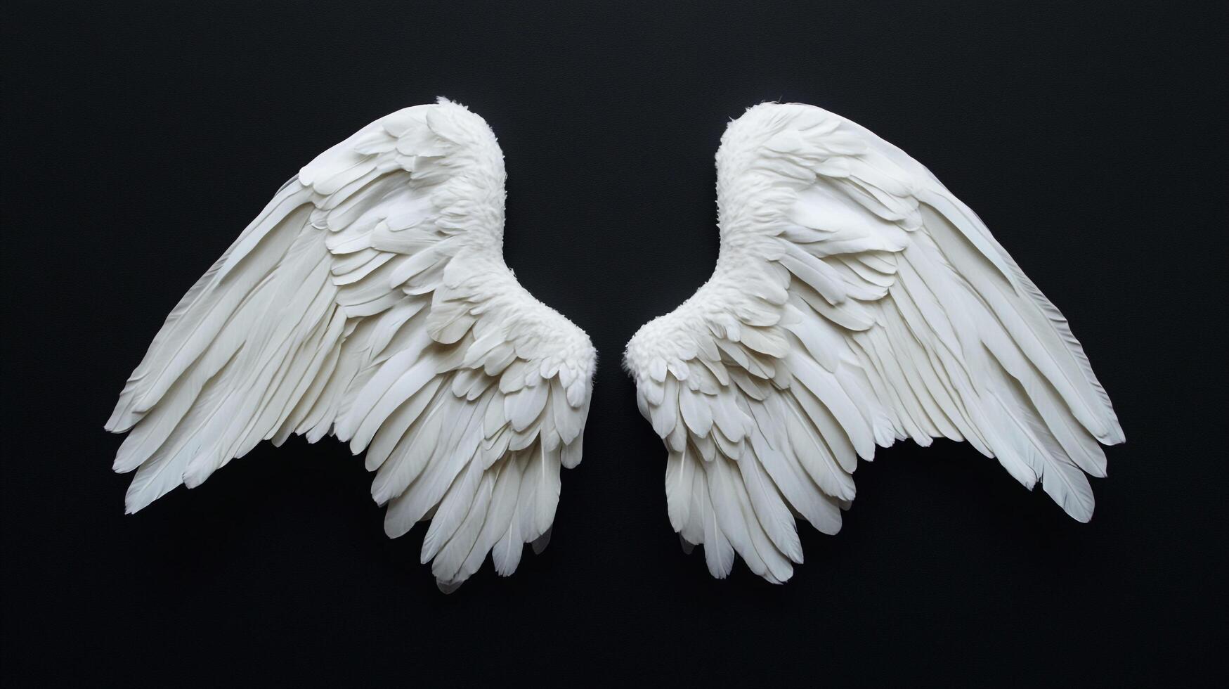 Elegant angel wings unfurl with grace against a stark black backdrop, feathers catching the light, symbolizing freedom and ethereal beauty. photo