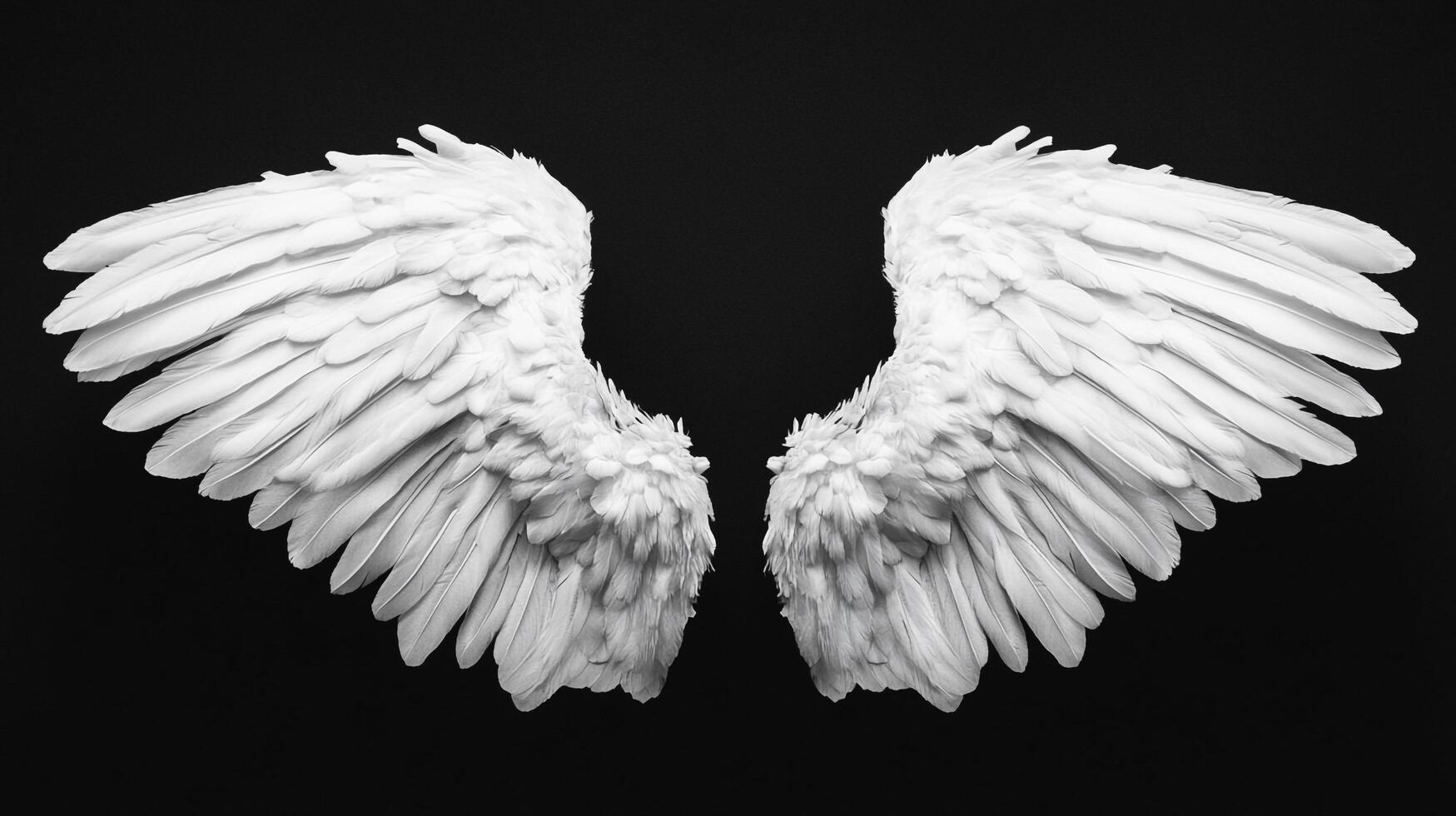 Angelic wings against a black backdrop evokes a sense of freedom and spirituality. A monochrome masterpiece of ethereal beauty. photo