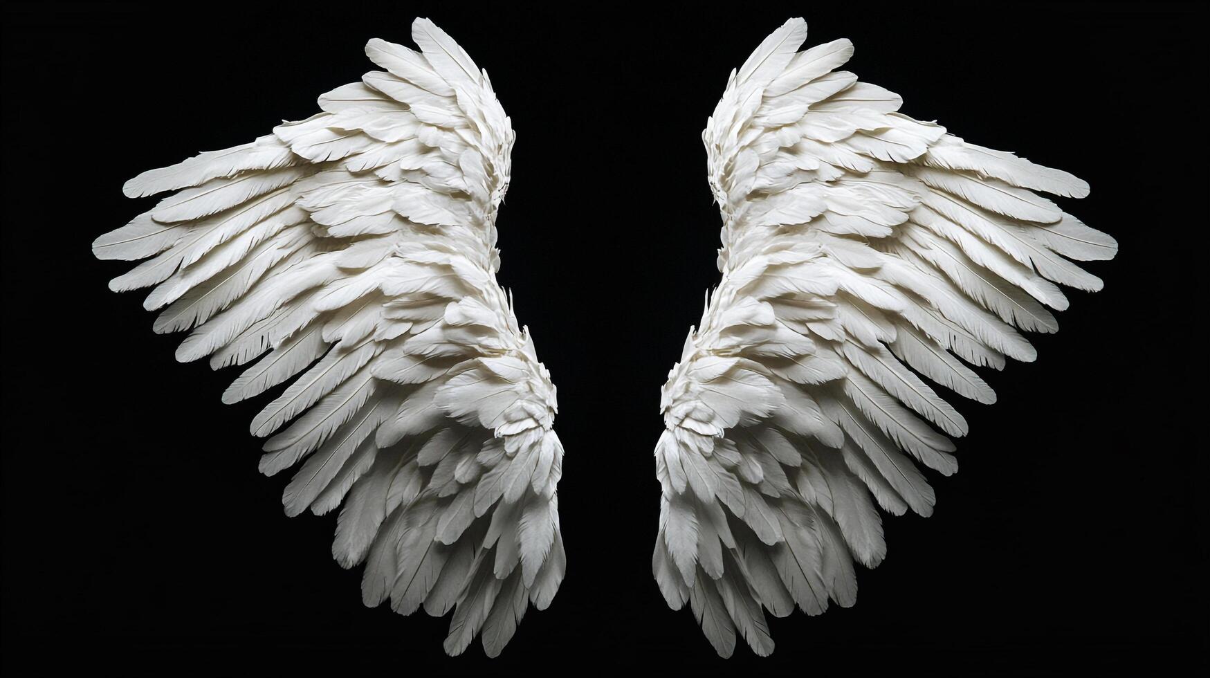 Two elegant white wings, spread wide against a stark black background. Feathers form intricate patterns of flight and ascension. photo