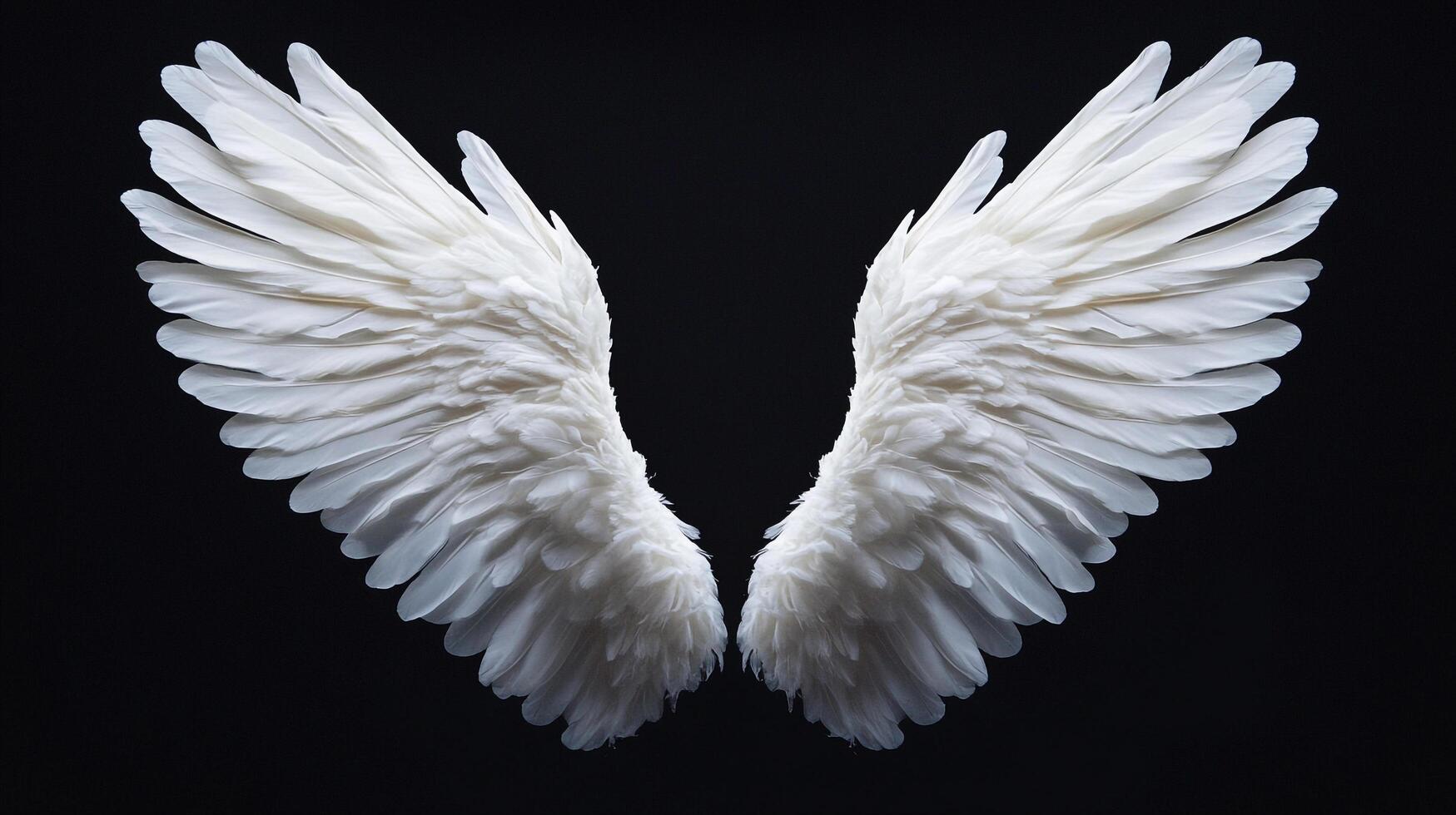 Two spreaded white wings with textured feathers are set against a stark black background, creating a striking contrast and ethereal effect. photo