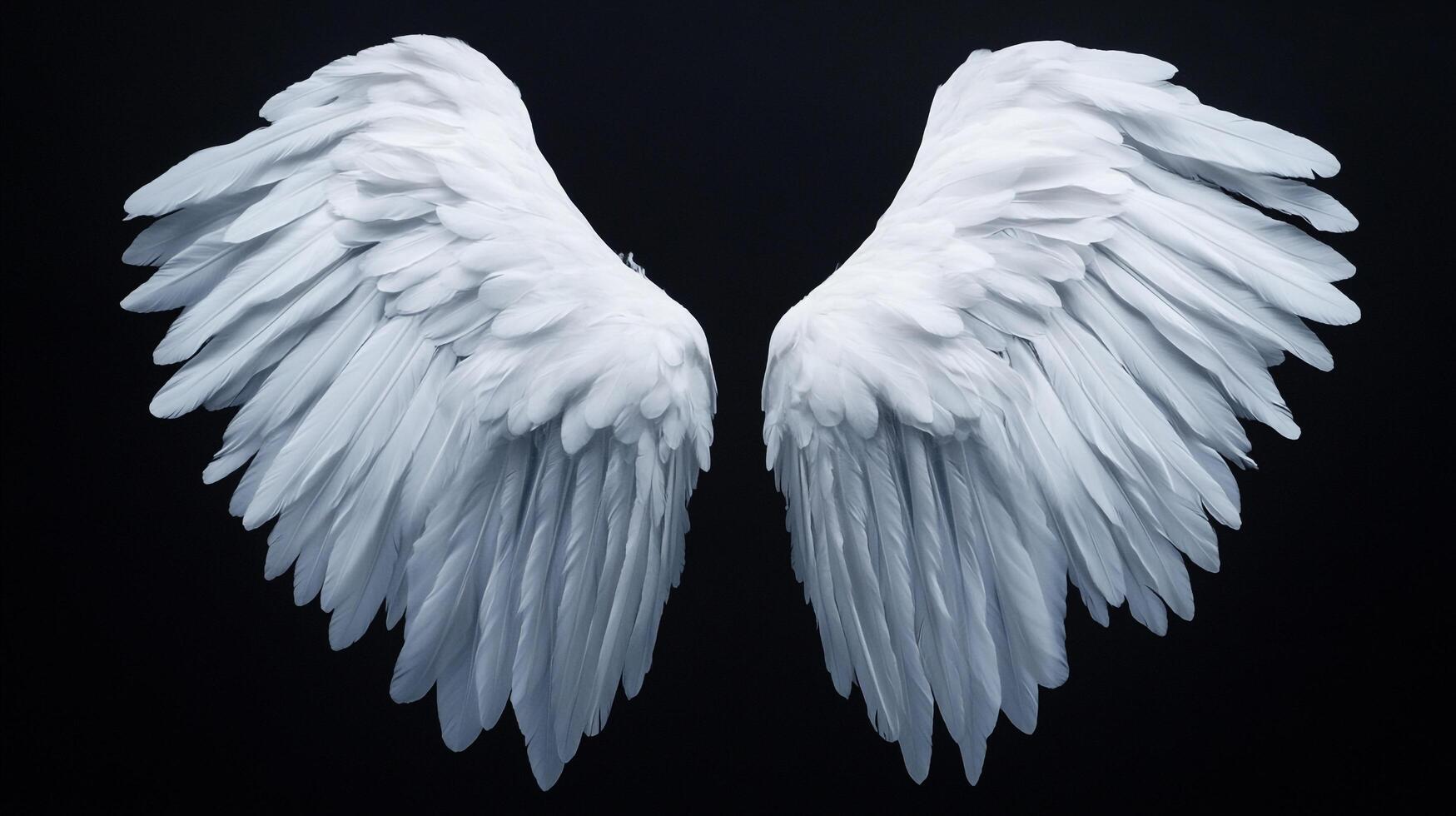 Majestic wings of white feathers displayed against a dark backdrop evokes ethereal grace and soaring beauty. Soft lighting enhances details. photo
