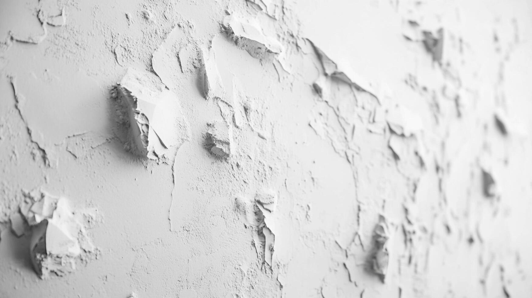 Close-up of cracked white paint peeling off a wall, revealing texture and deterioration, capturing decay and age with a monochromatic palette. photo