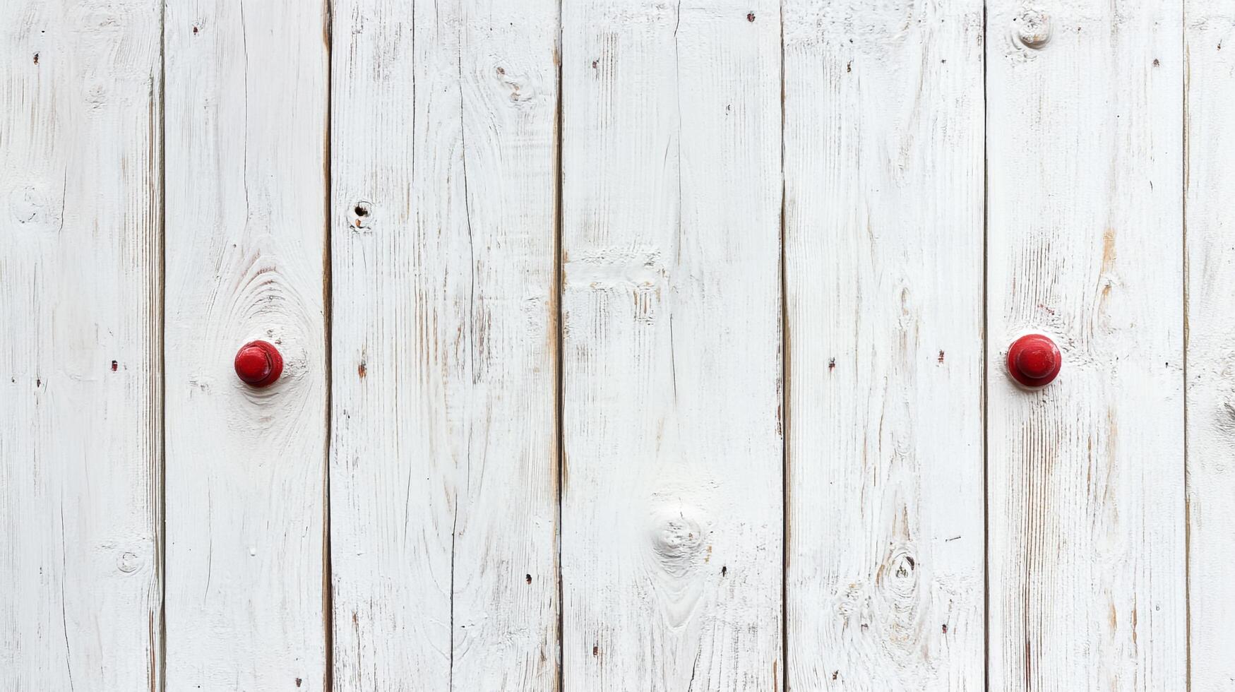 Rustic white wooden planks with red knobs, close-up. Weathered wood texture, perfect for backgrounds or design elements. Simplicity with charm. photo