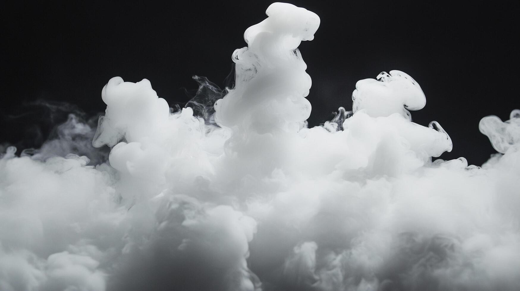 Ethereal cloudscape of swirling white vapor against a stark black backdrop, creating a mesmerizing visual effect with fluid texture. photo