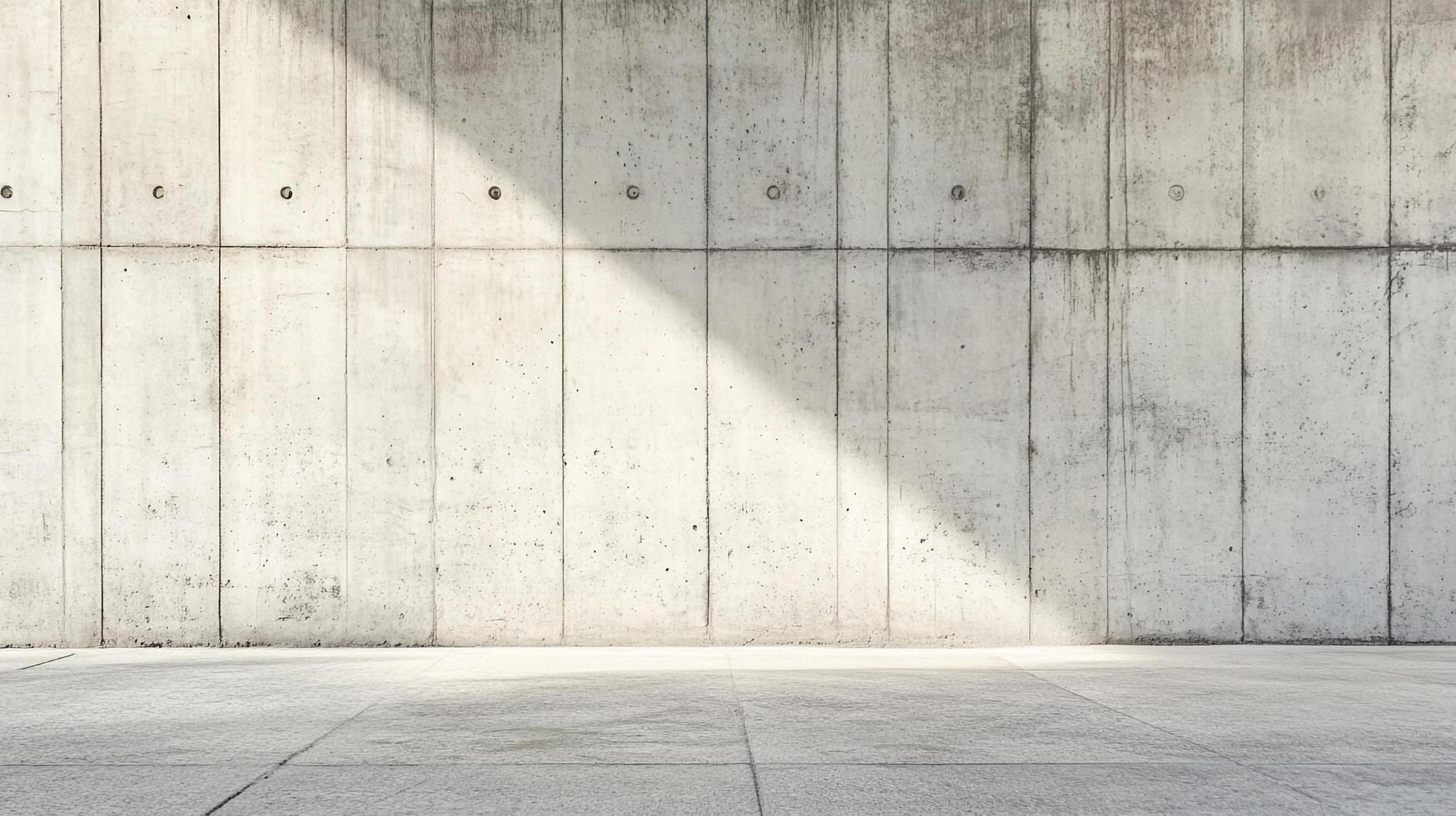 A stark concrete wall and floor bathed in sunlight, creating a minimalist architectural composition with textures and shadows. photo
