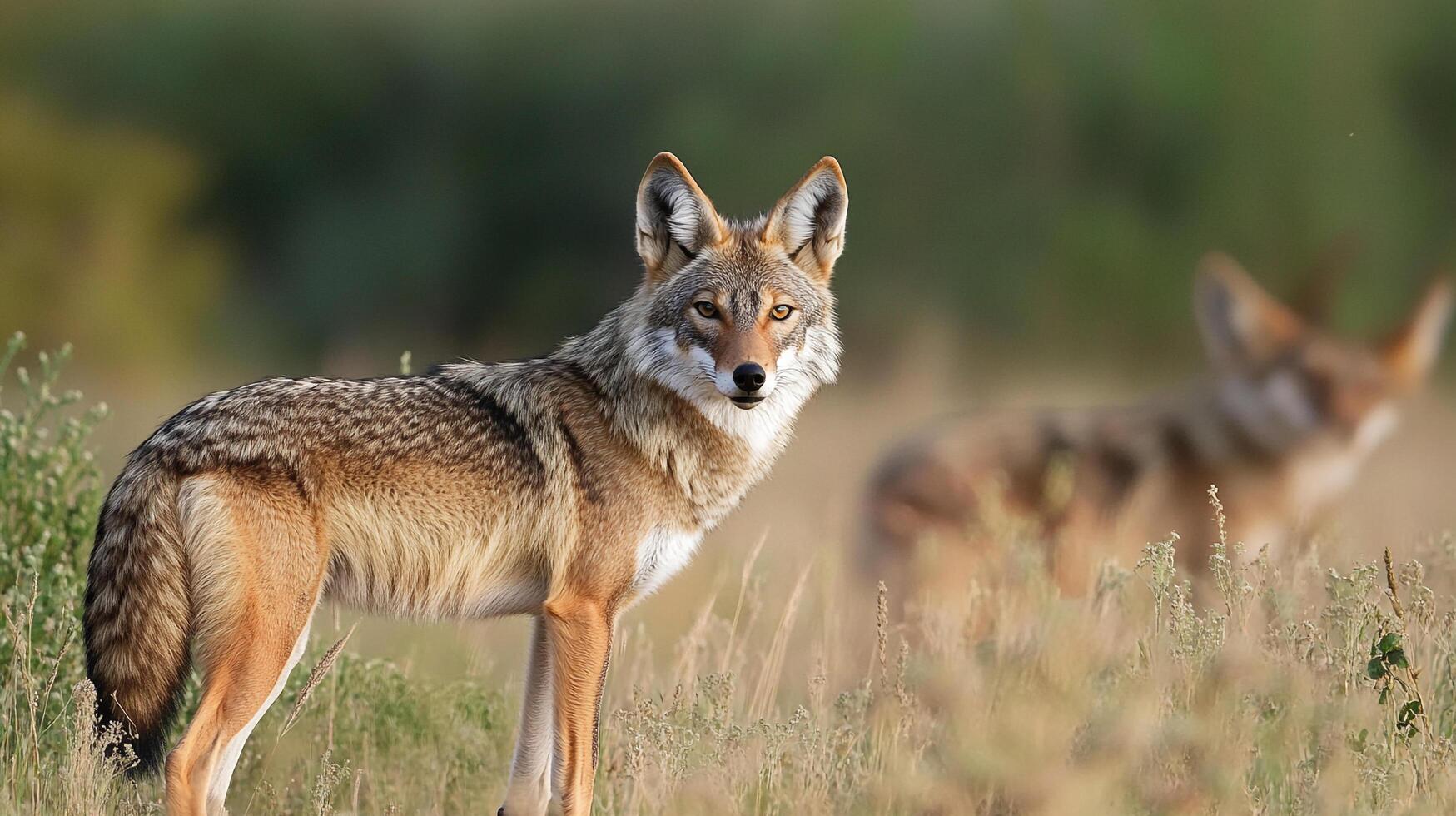 Coyote in a field looking alert with another blurred coyote behind it. Wild animal in the nature with its brown coat and bushy tail. photo