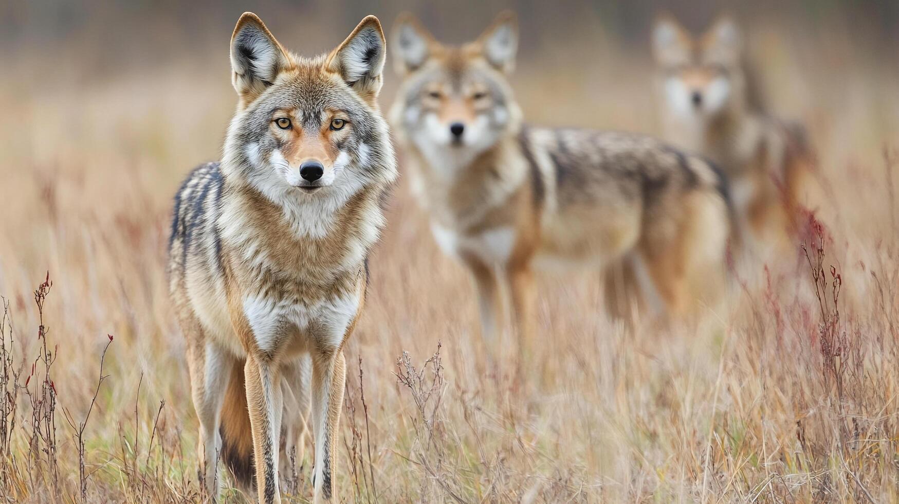 Coyotes in a grassy field. The coyote in the foreground is the focal point, with two others blurred in the background adding depth. photo