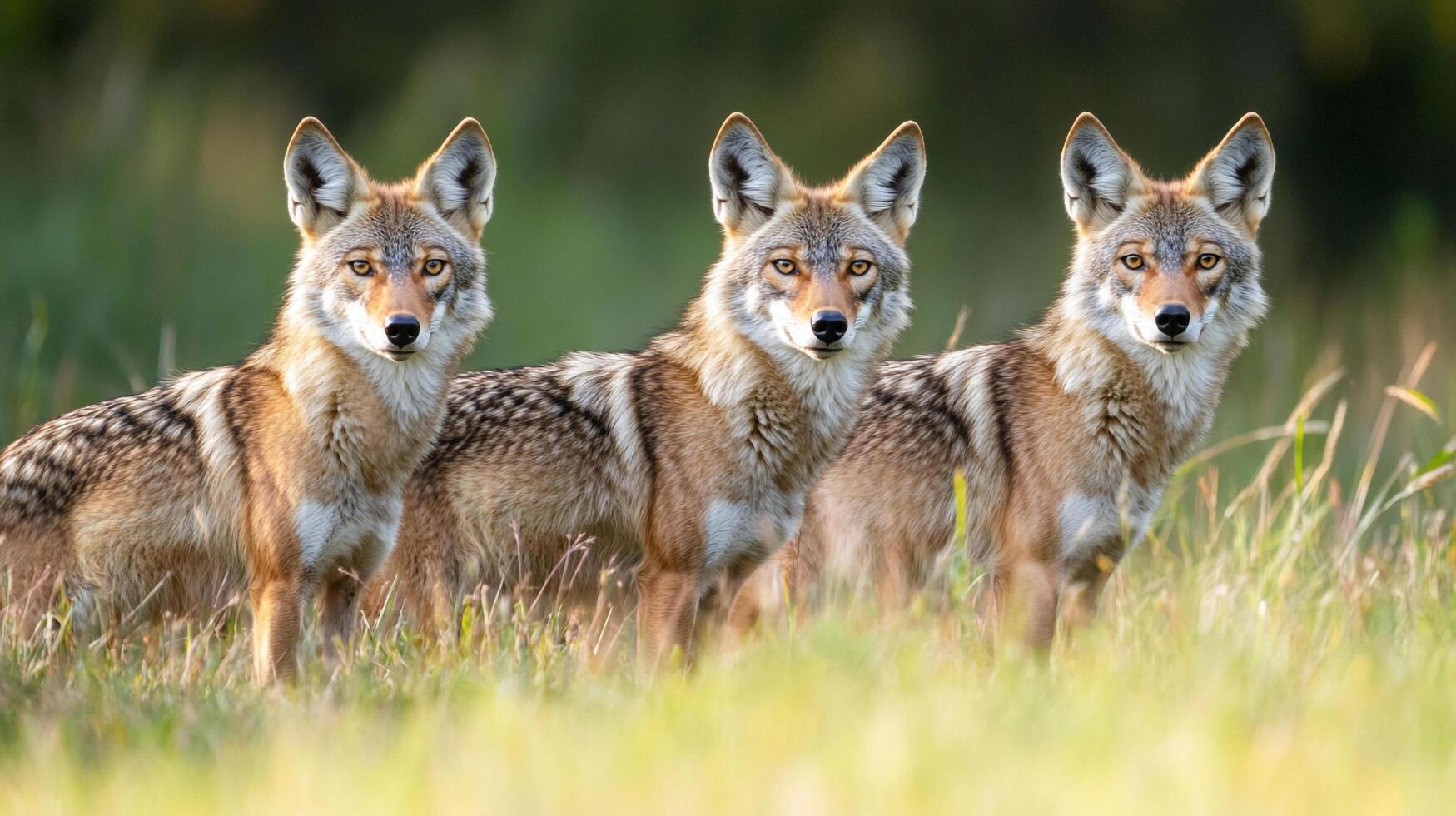 Three coyotes stand alert, their golden eyes shining in a grassy field, their fur blending with the natural setting. photo