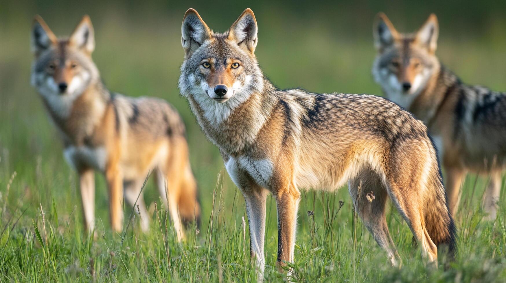 Coyotes in grassy field with golden fur and piercing eyes. Wildlife portrait. Predator in natural habitat. photo