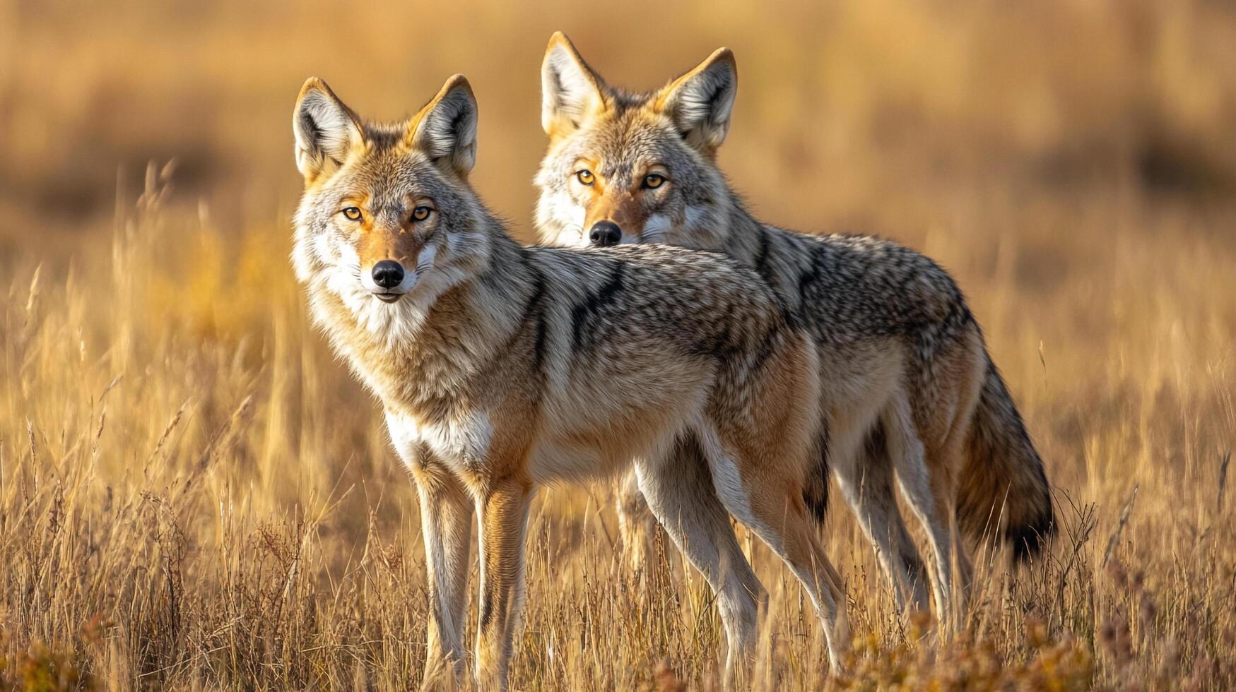 Two wild coyotes standing close together in a grassy field, basking in the warm glow of sunlight, showcasing their natural beauty. photo
