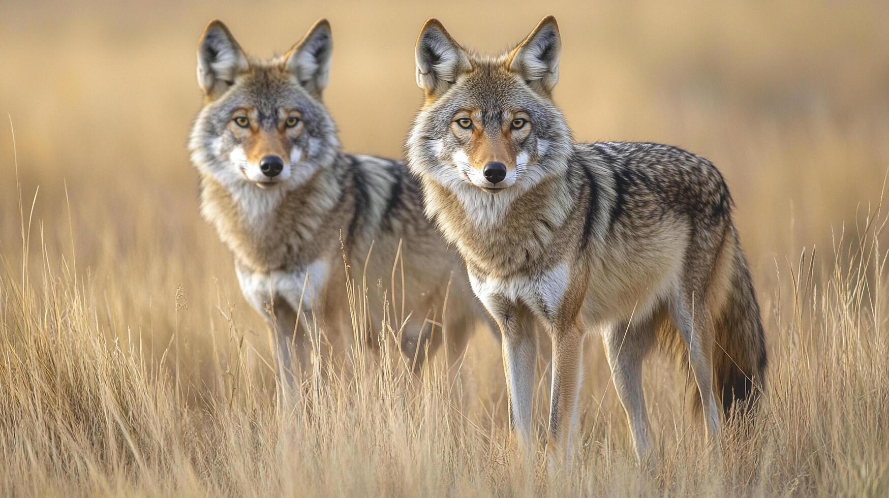 Two coyotes stand alert in a field of tall, golden grass, their eyes focused, showcasing their wild beauty in a natural habitat. photo