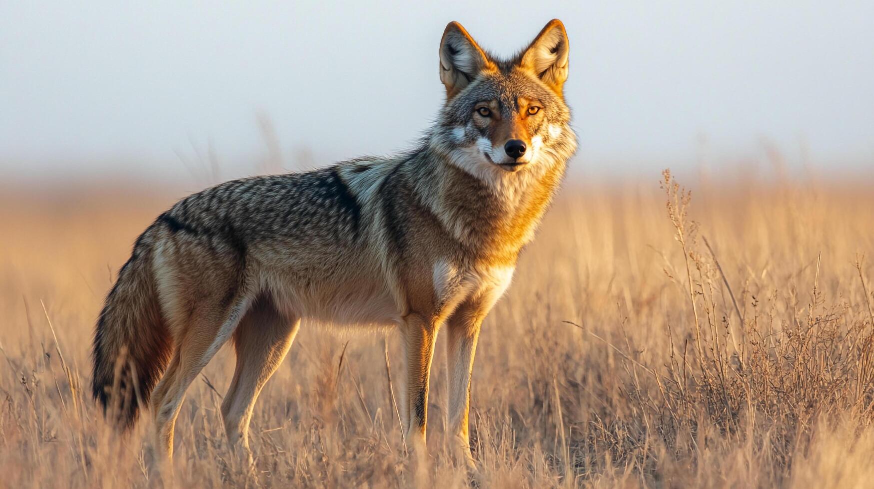 Coyote stands alert in a field, its gaze fixed. The animal's fur blends with golden grasses under a soft, muted sky, showcasing nature's beauty. photo