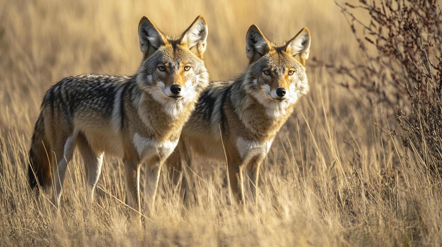 Two coyotes stand alert in a golden field, their eyes sharp and focused, embodying the wild spirit of the prairie landscape. photo