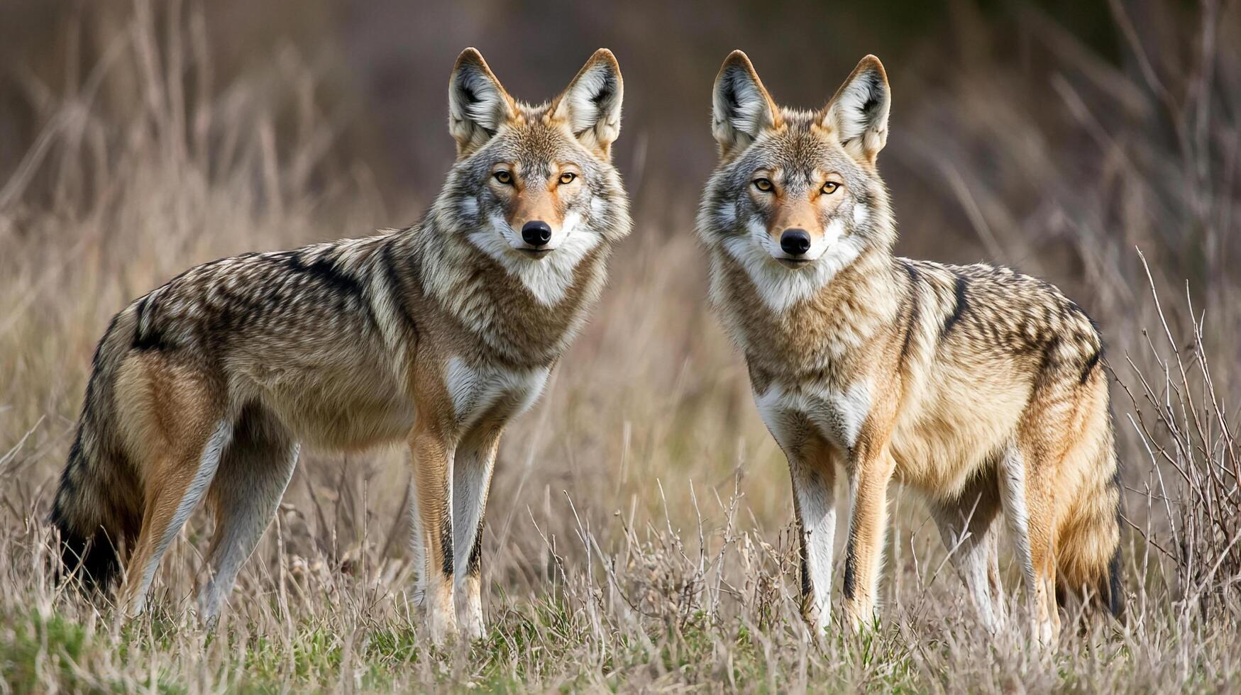 Two coyotes stand side-by-side in a field of dry grass, their tawny fur blending with the natural background, exuding a wild elegance. photo
