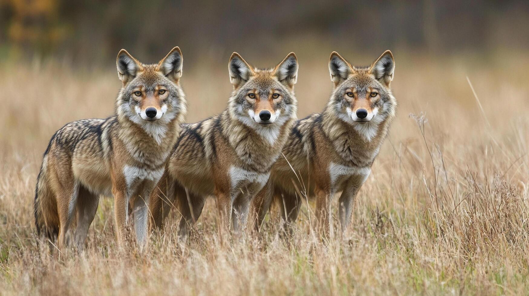 Three coyotes stand alert in a grassy field, their watchful eyes scanning the horizon, showcasing their wild and natural beauty. photo