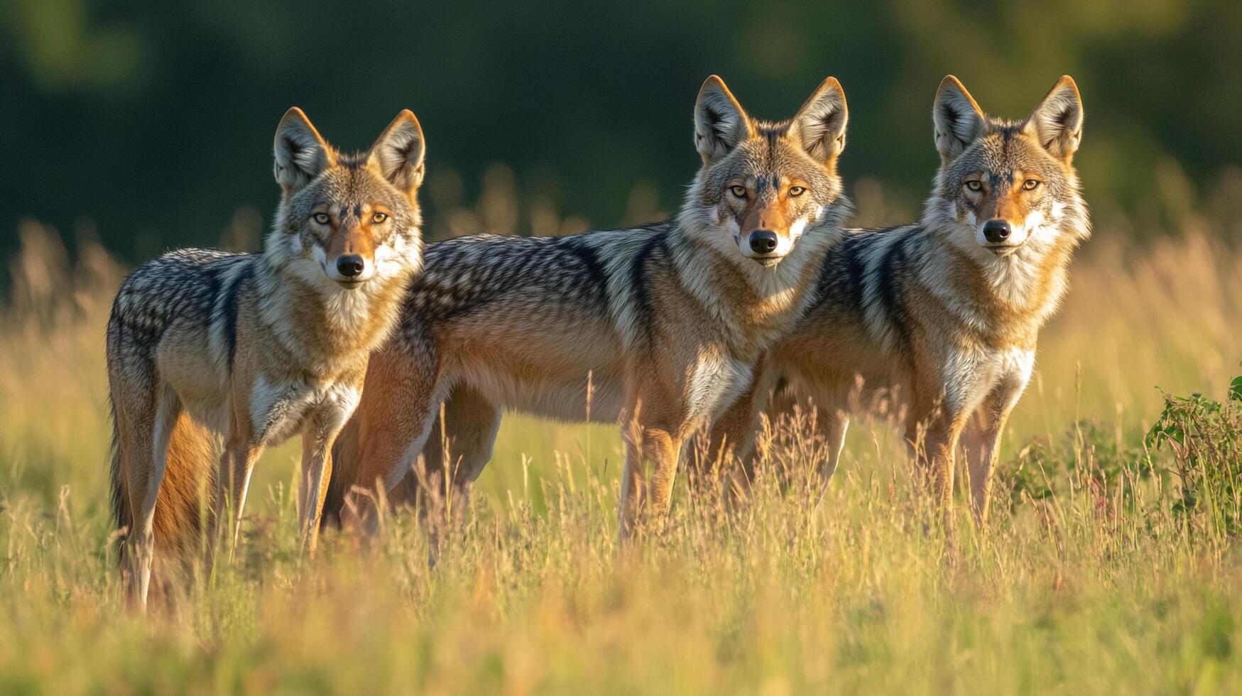 Three coyotes standing alert in a grassy field, their eyes focused, showcasing their alertness and natural beauty in the wild. photo
