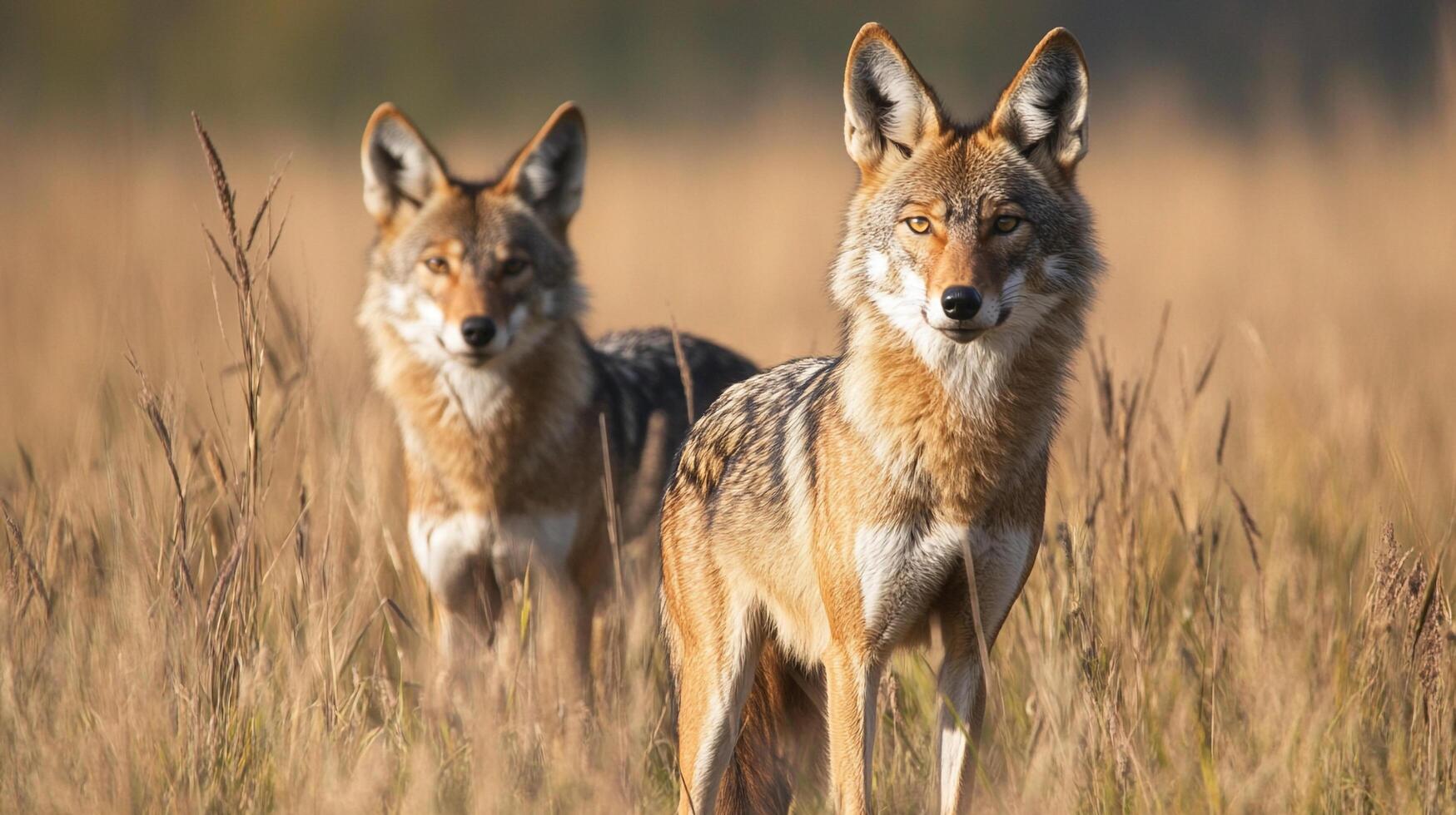 Pair of canids gazing intently from a field of sun-kissed grass, their fur blending seamlessly with the serene backdrop. photo