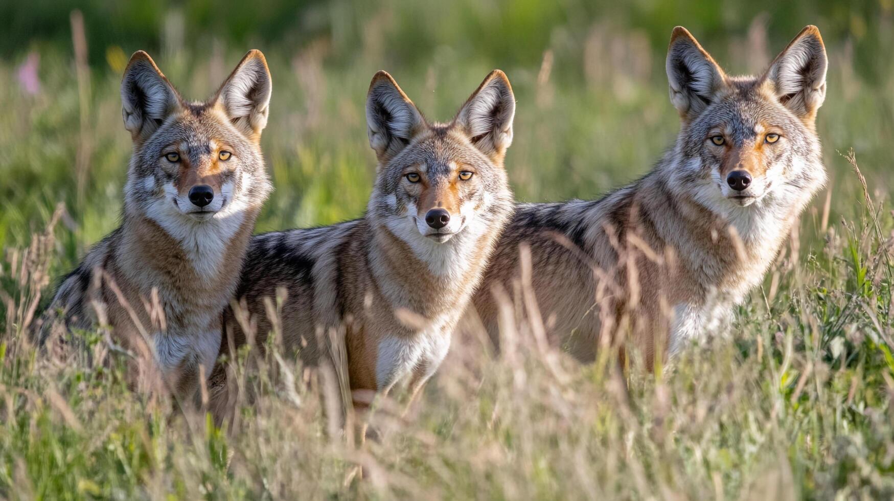 Three coyotes stand alert in a grassy field, their eyes fixed forward, showcasing the wild beauty of nature and wildlife. photo