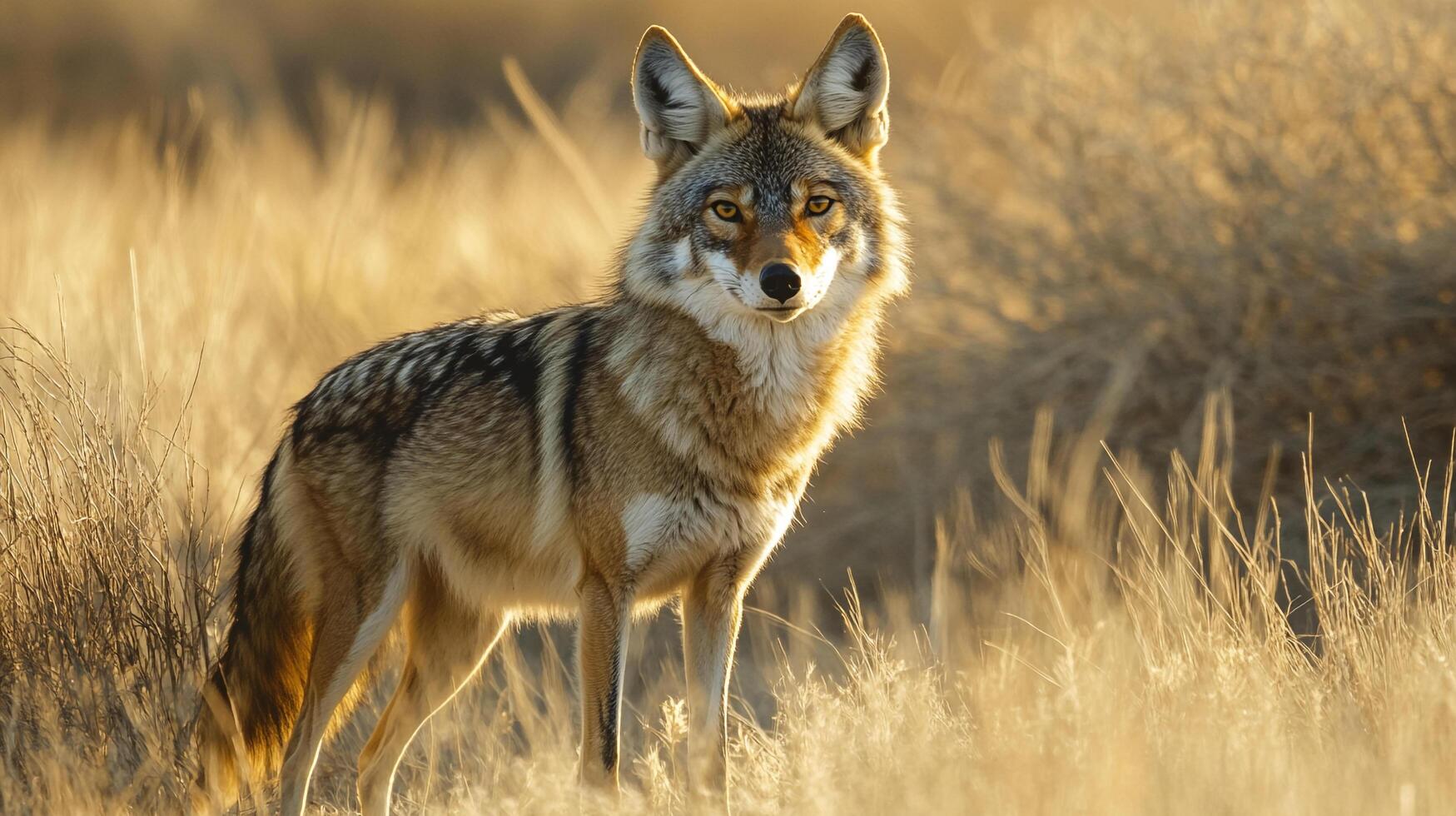 Wild Coyote Gazes Intently in Grassy Field. A serene wildlife portrait. A captivating glance into the animal's natural world. photo