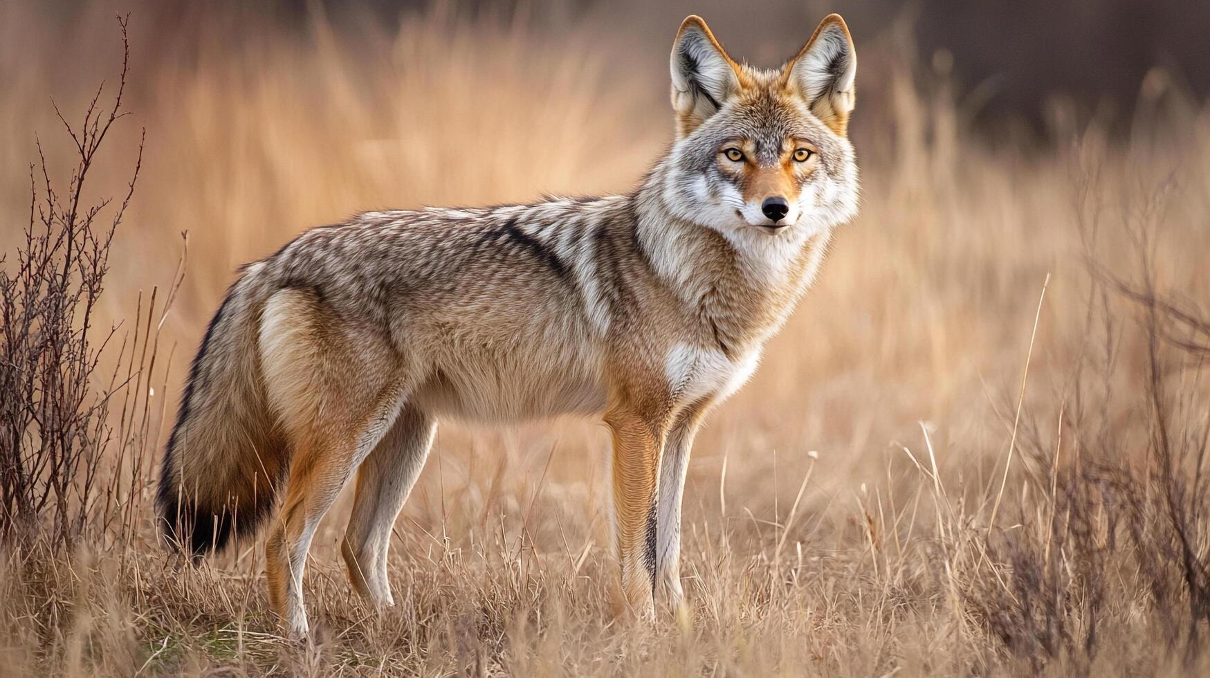 Coyote stands alert in a field of dry grass, its piercing eyes observing the surroundings, showcasing wild beauty in nature's embrace. photo