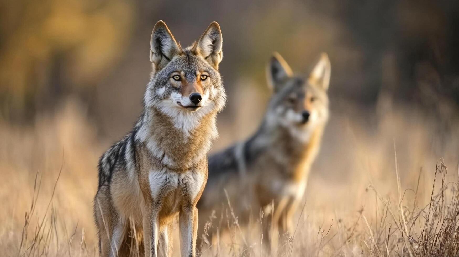 Coyotes in a field. The closest coyote stares intently, with another blurred behind it amidst golden grass under warm sunlight. photo