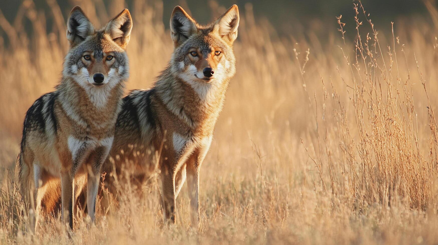 Two wild canines standing alert in a field of golden grass, their fur blending with the sunlit landscape, exuding a sense of nature's beauty. photo