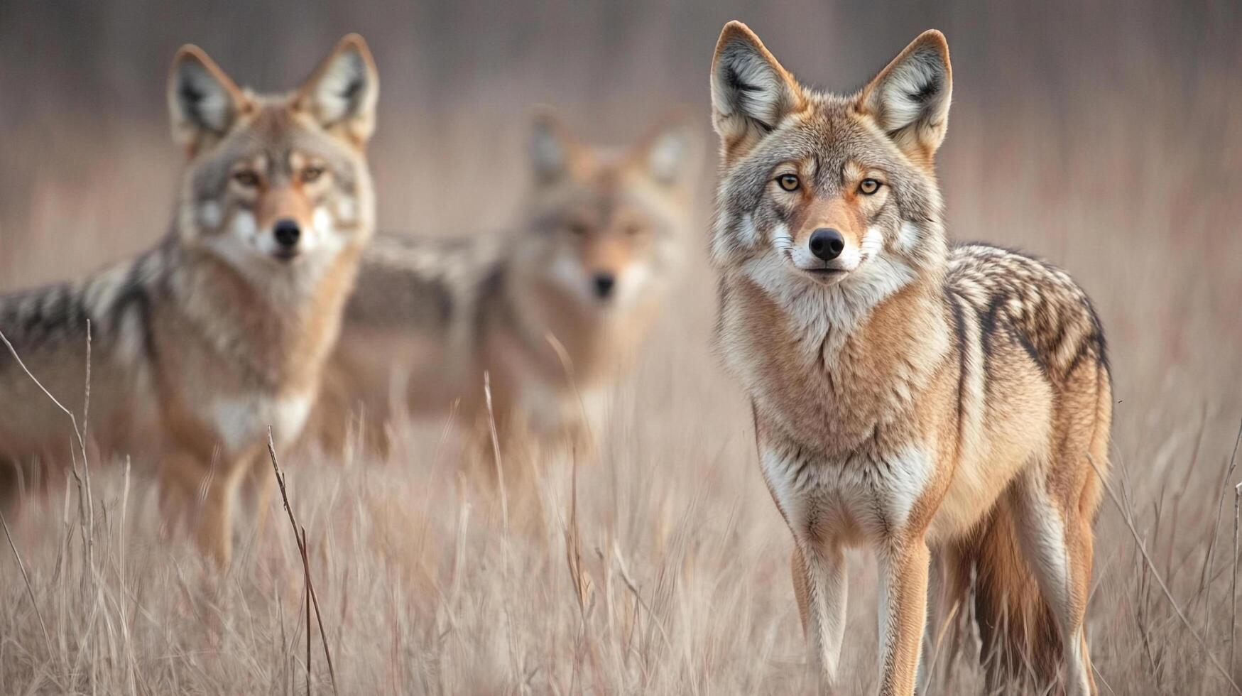 Three Coyotes Standing in Field looking at viewer. Tall grass. One coyote is focused and the other two are blurred in the background photo