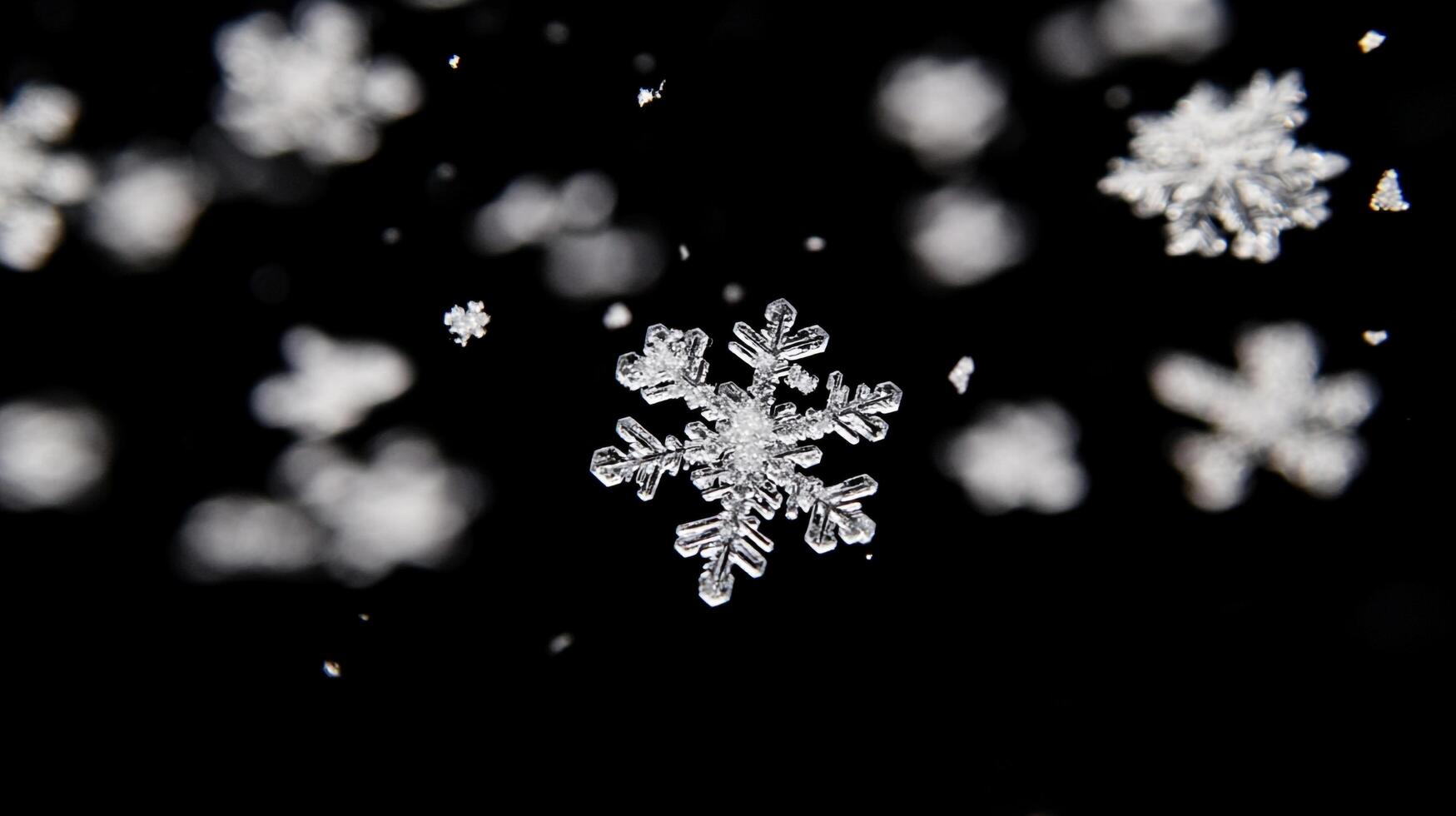 A close-up shot showcases the intricate beauty of snowflakes against a stark black backdrop, highlighting the delicate designs and textures photo