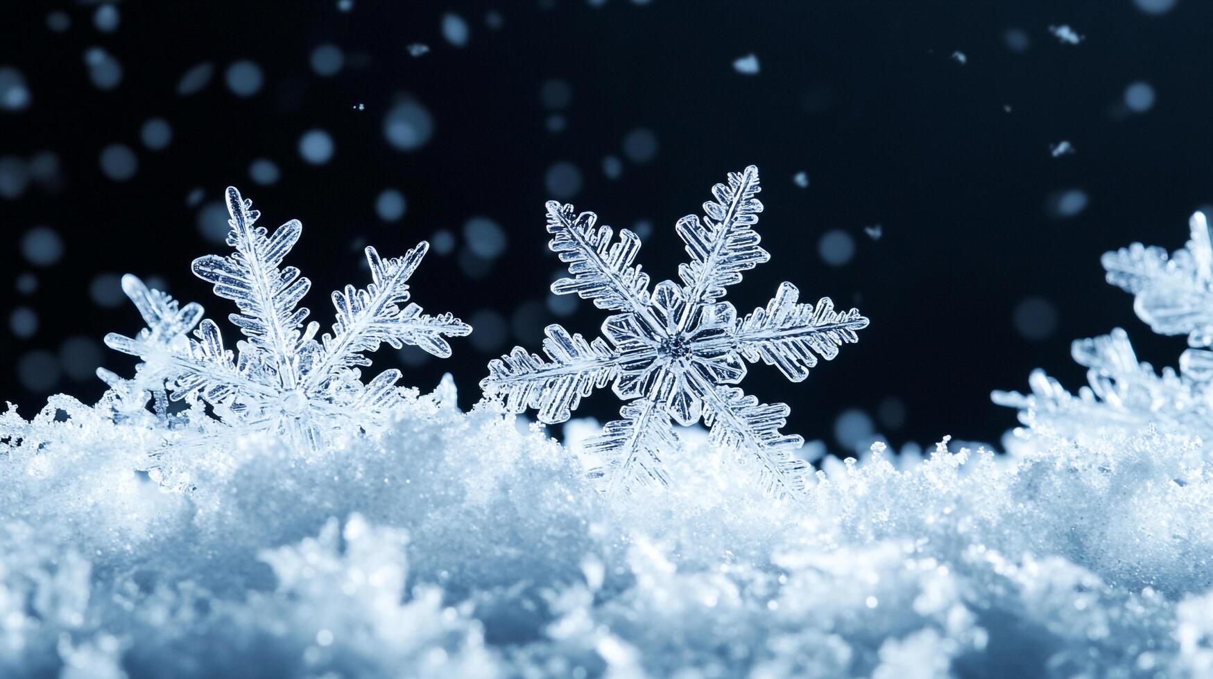 Icy fractals, these snowflakes glisten like stars on a winter's night, capturing the silent magic of a snowy scene. Winter's icy kiss. photo