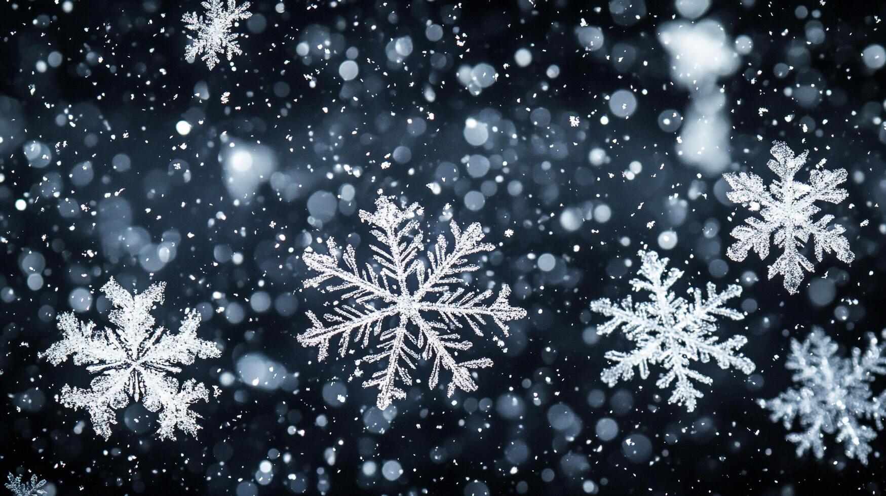 A captivating dance of snowflakes against a dark backdrop, sparkling and ethereal, painting a winter's dream. Majestic and silent snow. photo