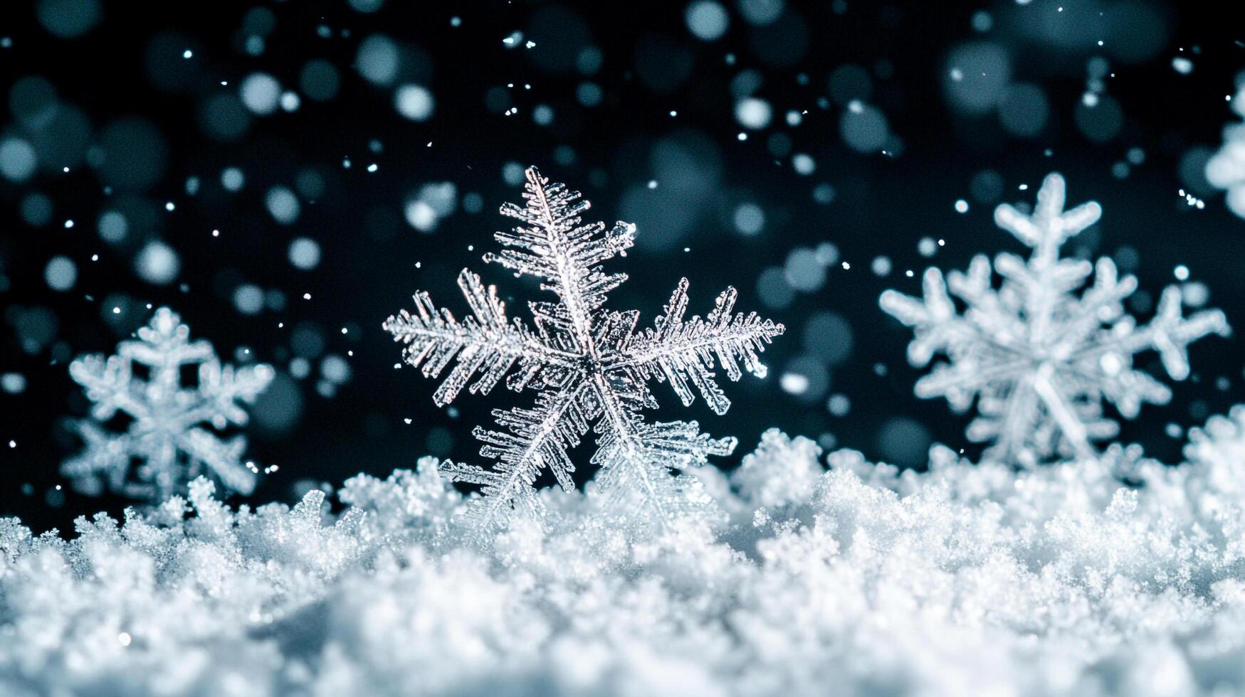 Macro shot of a snowflake on snow showcasing the unique and intricate details of its ice crystal structure against dark background. photo
