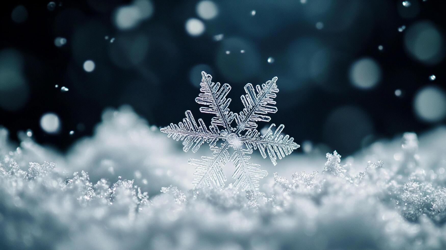Macro shot of a delicate, intricate snowflake on a bed of snow, highlighting its unique crystal structure and the beauty of winter's touch. photo