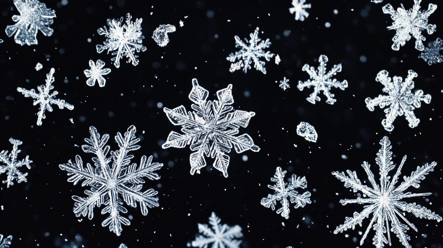 A macro shot of snow flakes. The intricate patterns of the frozen water crystals sparkle against the dark background. Winter's artistry on display. photo