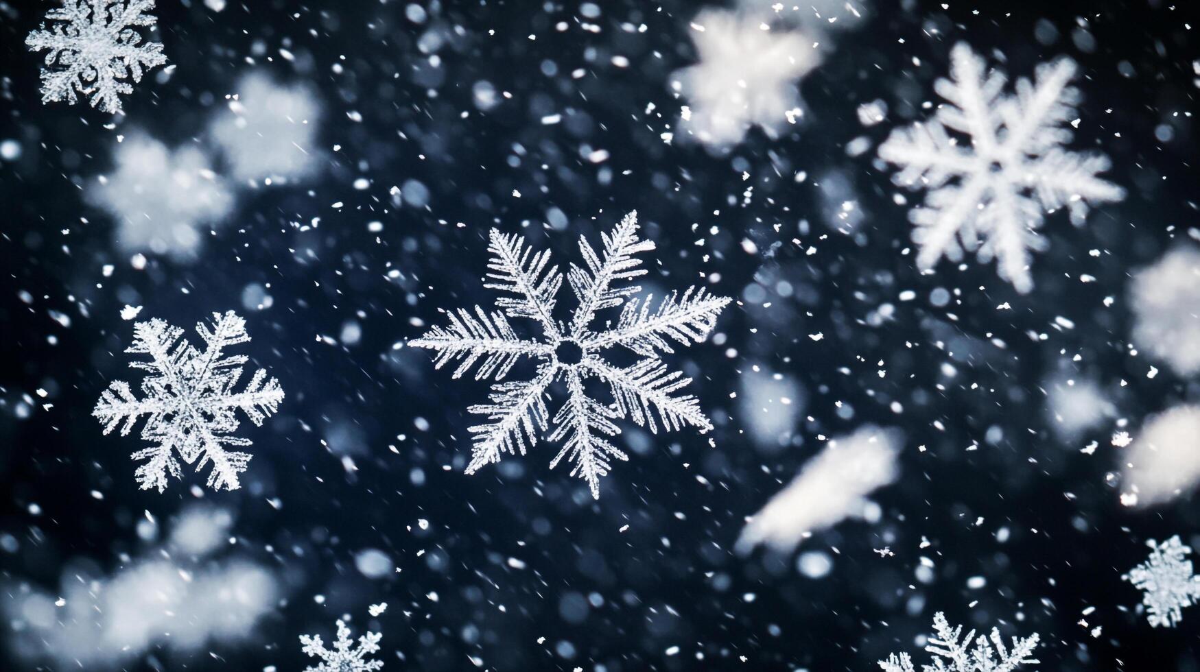 A flurry of crystalline snowflakes dance against a deep blue canvas, each a unique masterpiece of winter's artistry. photo