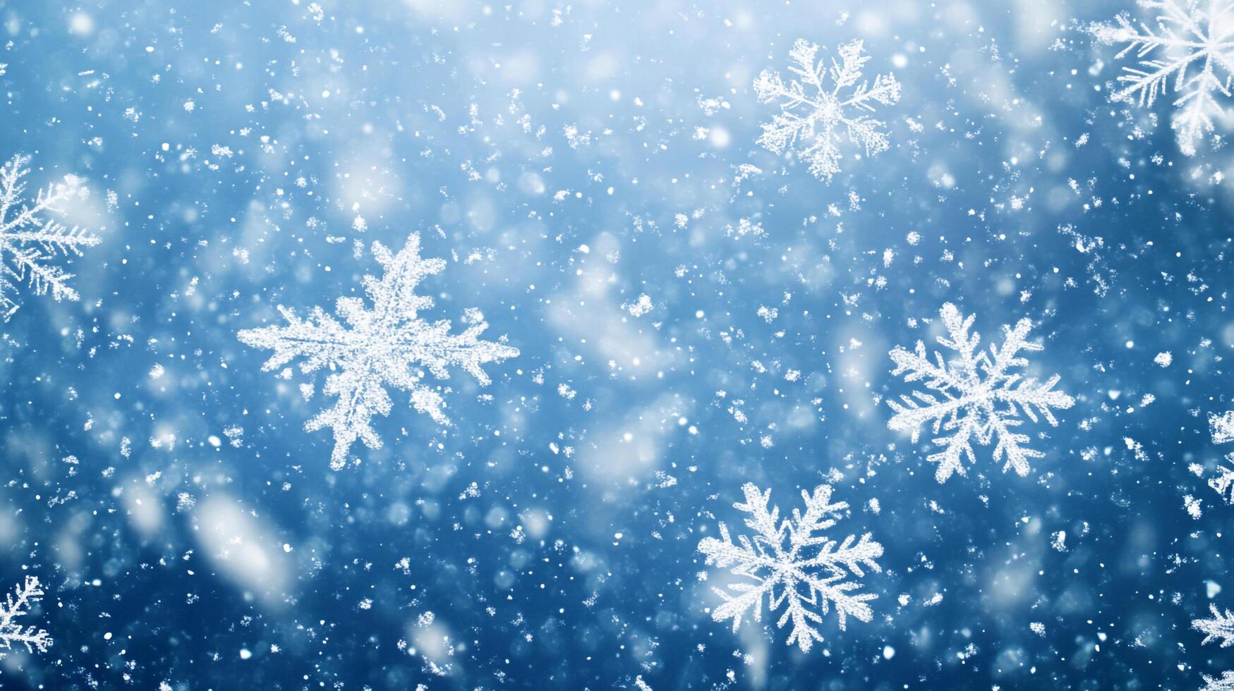 A flurry of delicate, crystalline snowflakes dance against a serene blue backdrop, capturing the quiet beauty of a winter wonderland. photo